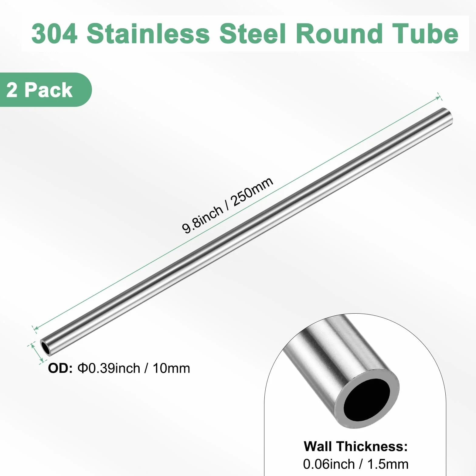 M METERXITY 2-Pack 250mm Tubo Inossidabile 304, 10mm Diametro Esterno 1.5mm Spessore Parete Tubo Inossidabile Senza Saldatura Per Edilizia/Macchinari, Tubo Dritto Metallico [0.39x0.06x9.8IN]