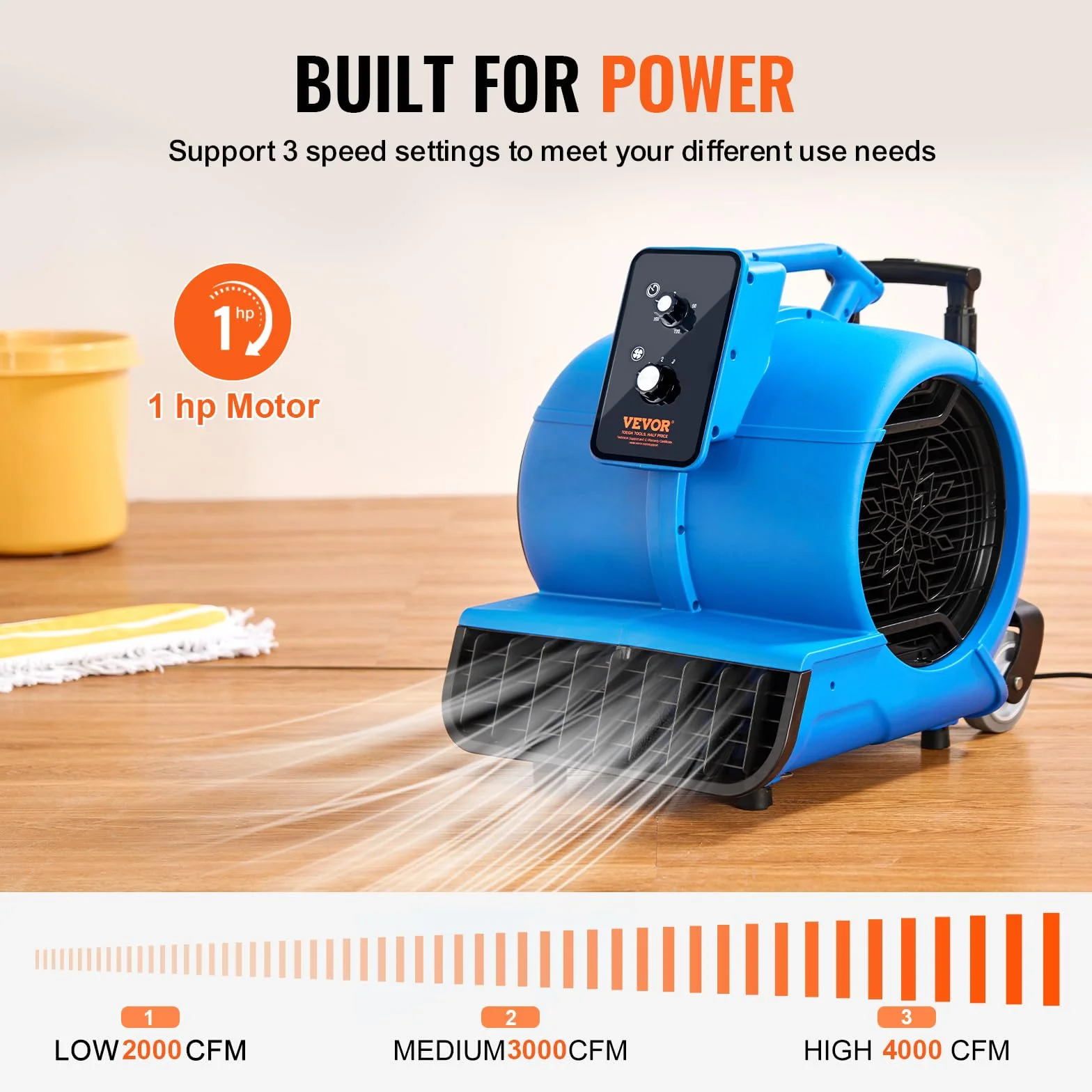 VEVOR Ventilatore per pavimento 4000 CFM 1560 giri/min portatile asciugatura raffreddamento 3 velocità timer