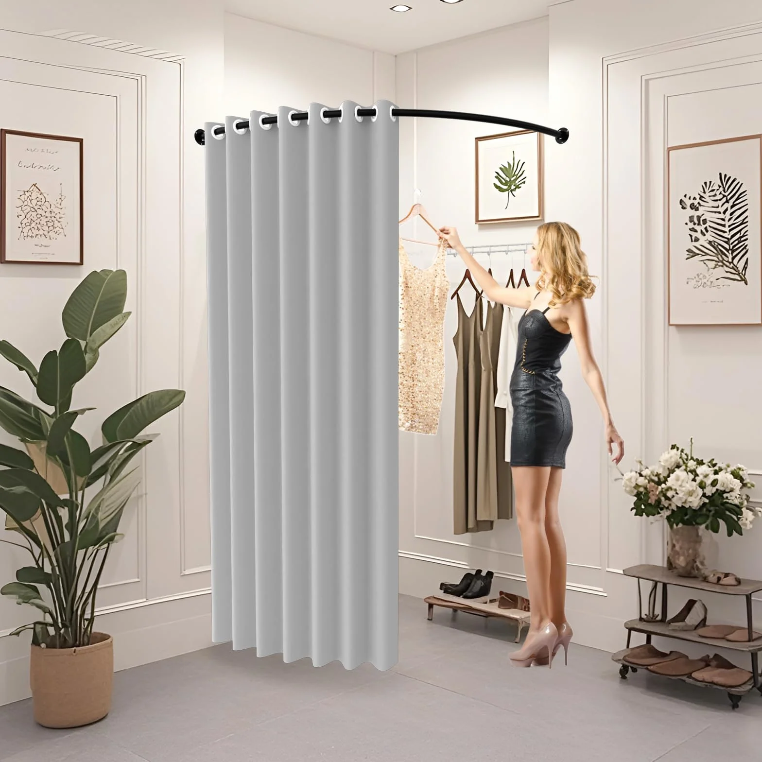 Camerino Negozio Abbigliamento, Portatile Camerini Spogliatoio Montato A Parete, Tipo C Spogliatoio Con Tenda per Prova Abiti Schermo Privacy, Grigio