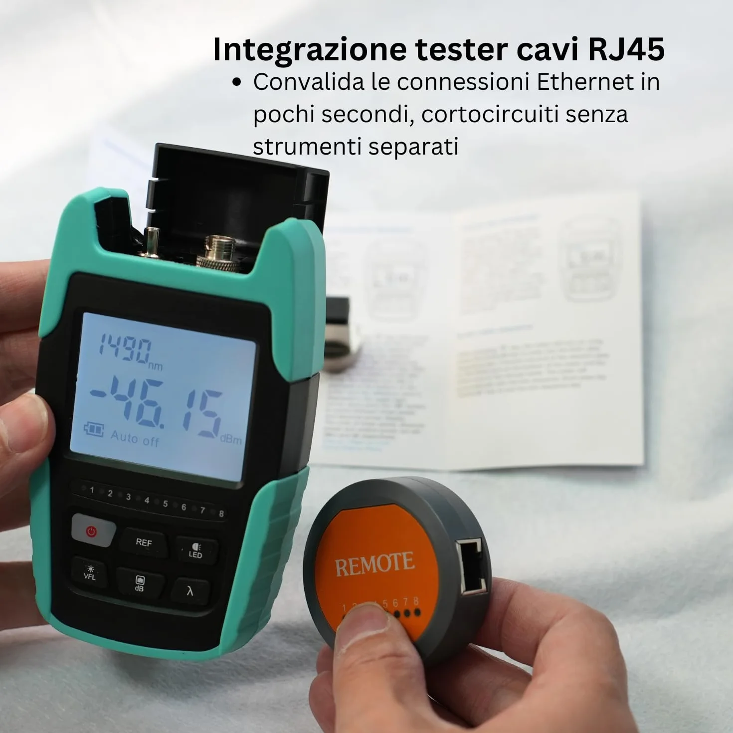 TM530 Tester per fibra ottica Misuratore di potenza ottico 4-in-1 con batteria ricaricabile, power meter fibra ottica multifunzionale con localizzatore visivo dotato di VFL RJ45 luce LED