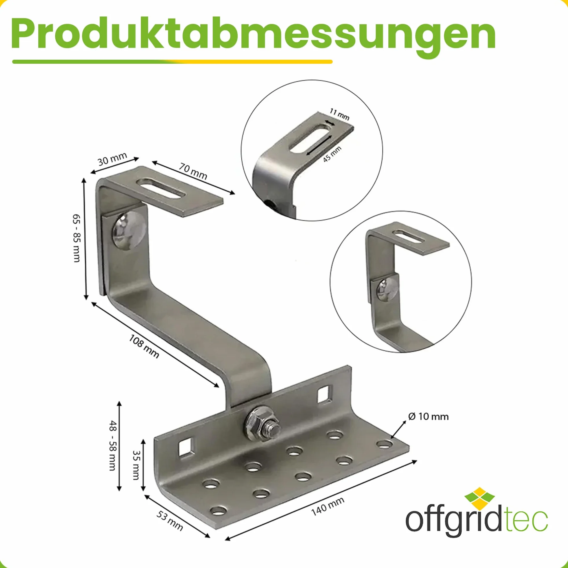 Offgridtec Gancio da tetto inox regolabile 3 direzioni acciaio 5 mm 45–60 mm per tegole scandole alluminio 4x4