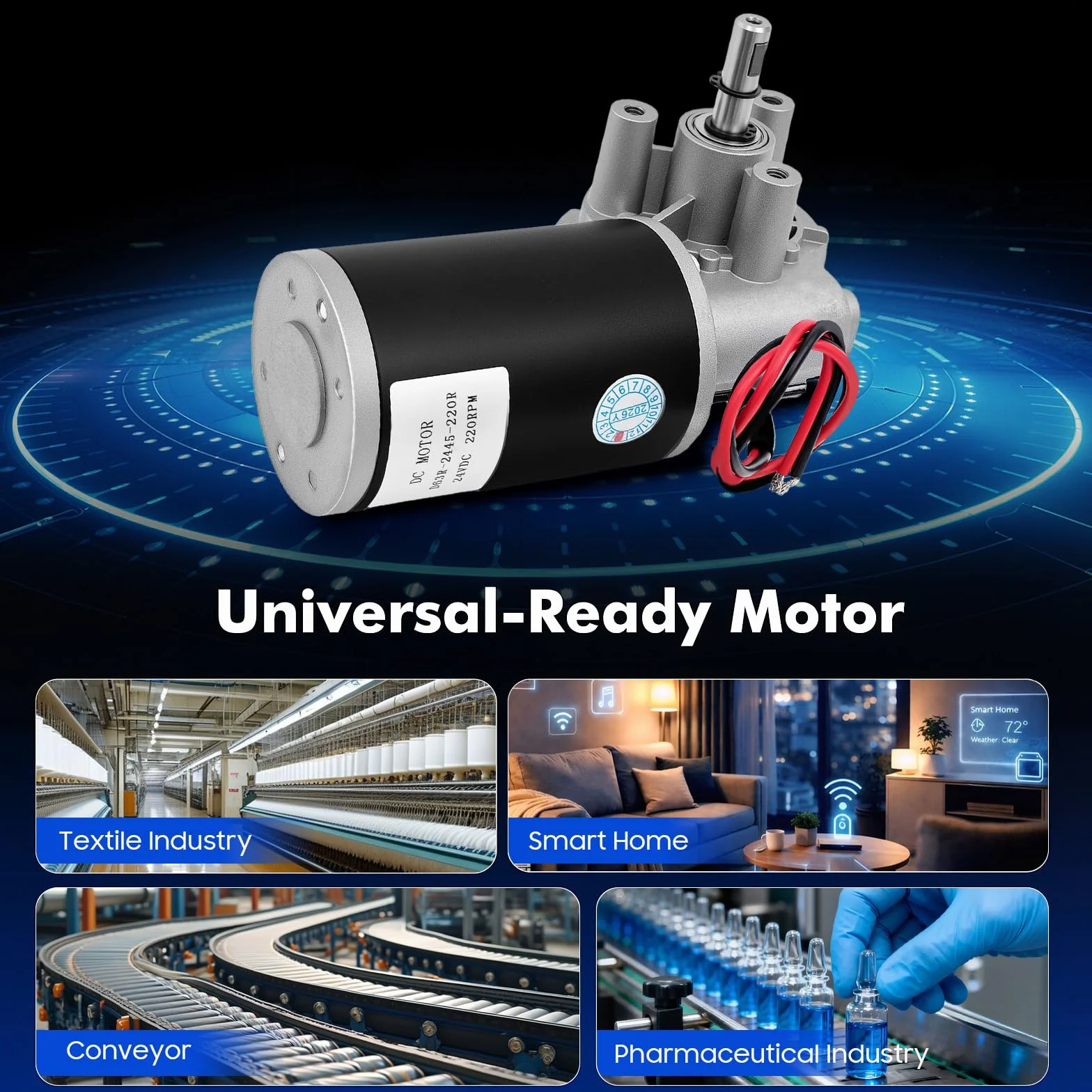 Motore DC, motoriduttore ad alta coppia e basso livello di rumorosità, velocità nominale 160±20 RPM, trasmissione fino a 3:60, 24 V
