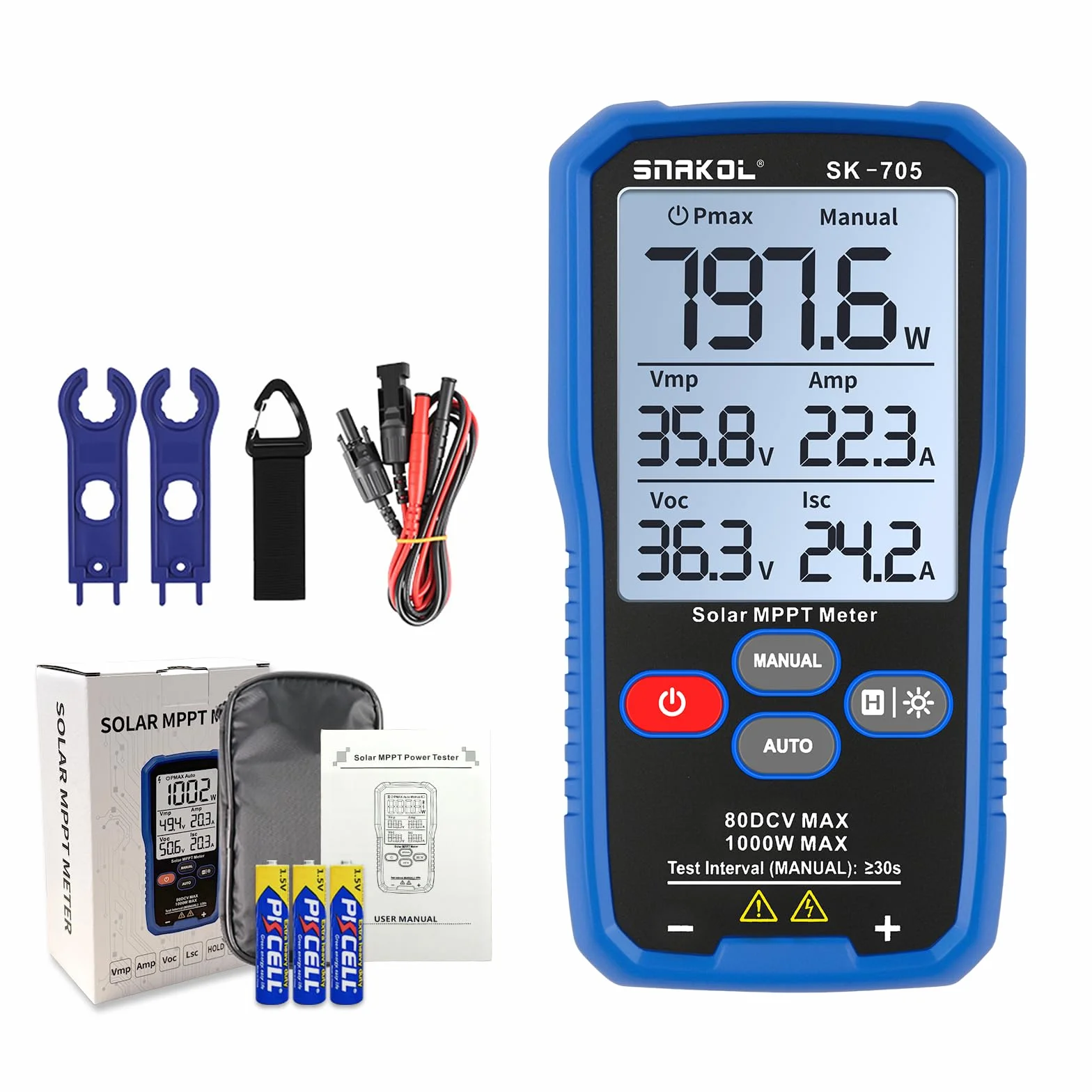 SK-705 Tester MPPT Solare per Moduli Fotovoltaici – 1000 W, Max 80 V DC, 35 A, Misurazione Automatica e Manuale, Voc Isc Vmp Pmax, Display LCD da 3,2", Tester FV Portatile
