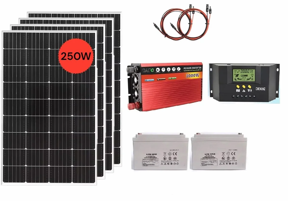 Kit Fotovoltaico Completo, 4 Pannelli Solari 250W Monocristallini, Inverter 3000W 12V, Regolatore 30A, 2 Batterie 120AH al Gel