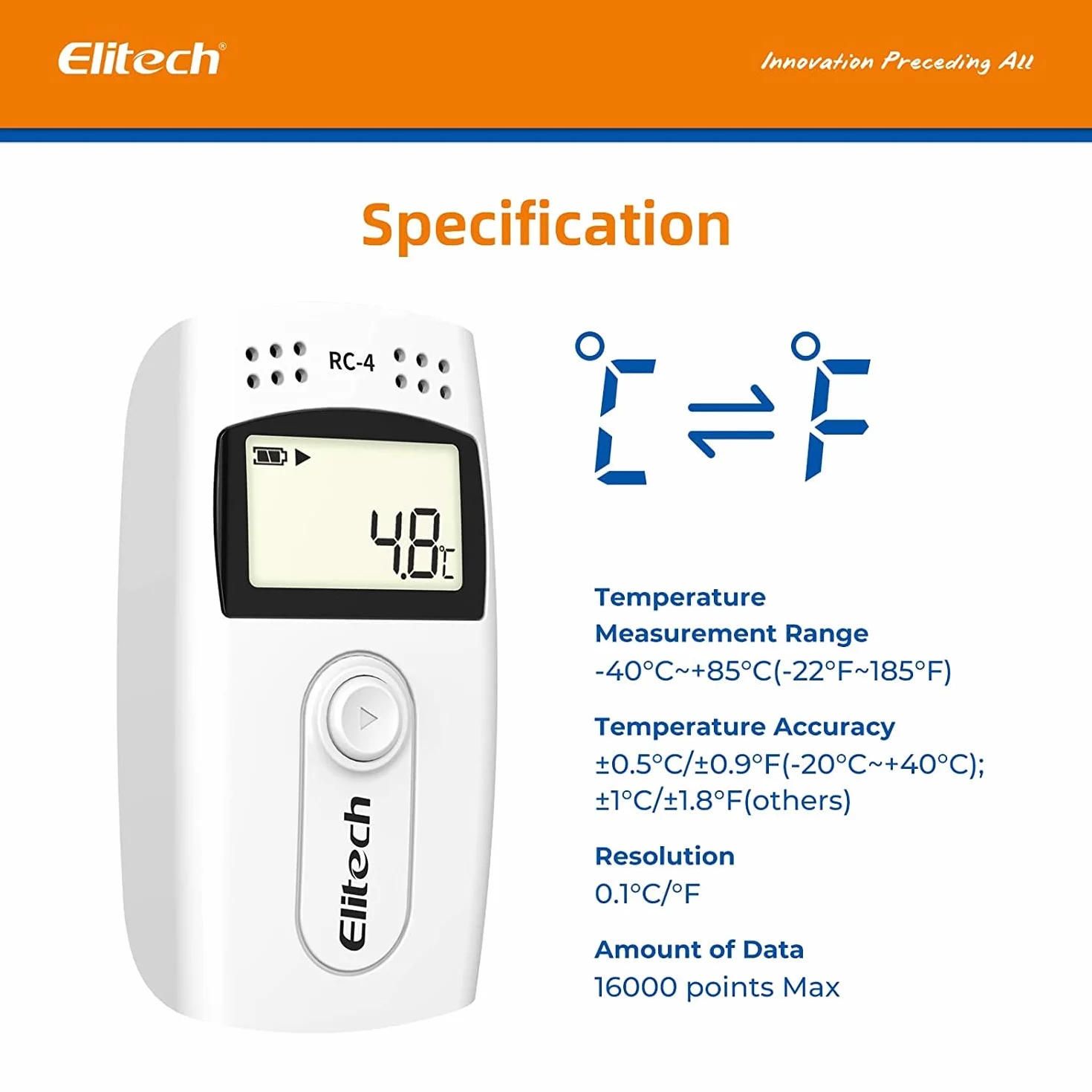 Elitech RC-4 Registratore di dati di Temperatura Letture Registratore USB con Doppi Sensori Display LCD Buzzer Allarme