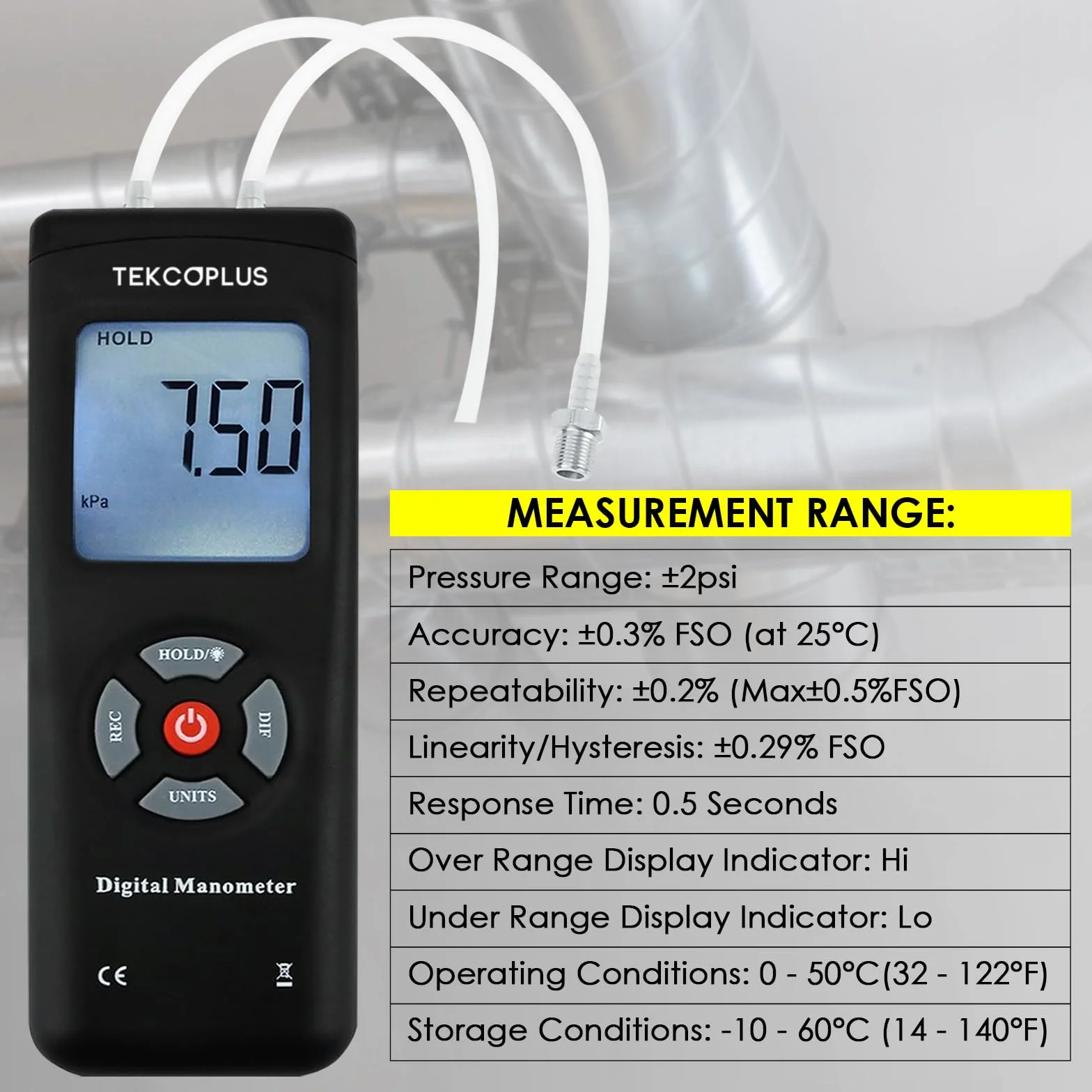 Manometro, Tester di Pressione del Gas a Doppia Porta, Manometro Digitale Professionale per HVAC, Misuratore di Pressione dell'Aria, Manometro Differenziale con Display LCD Retroilluminato