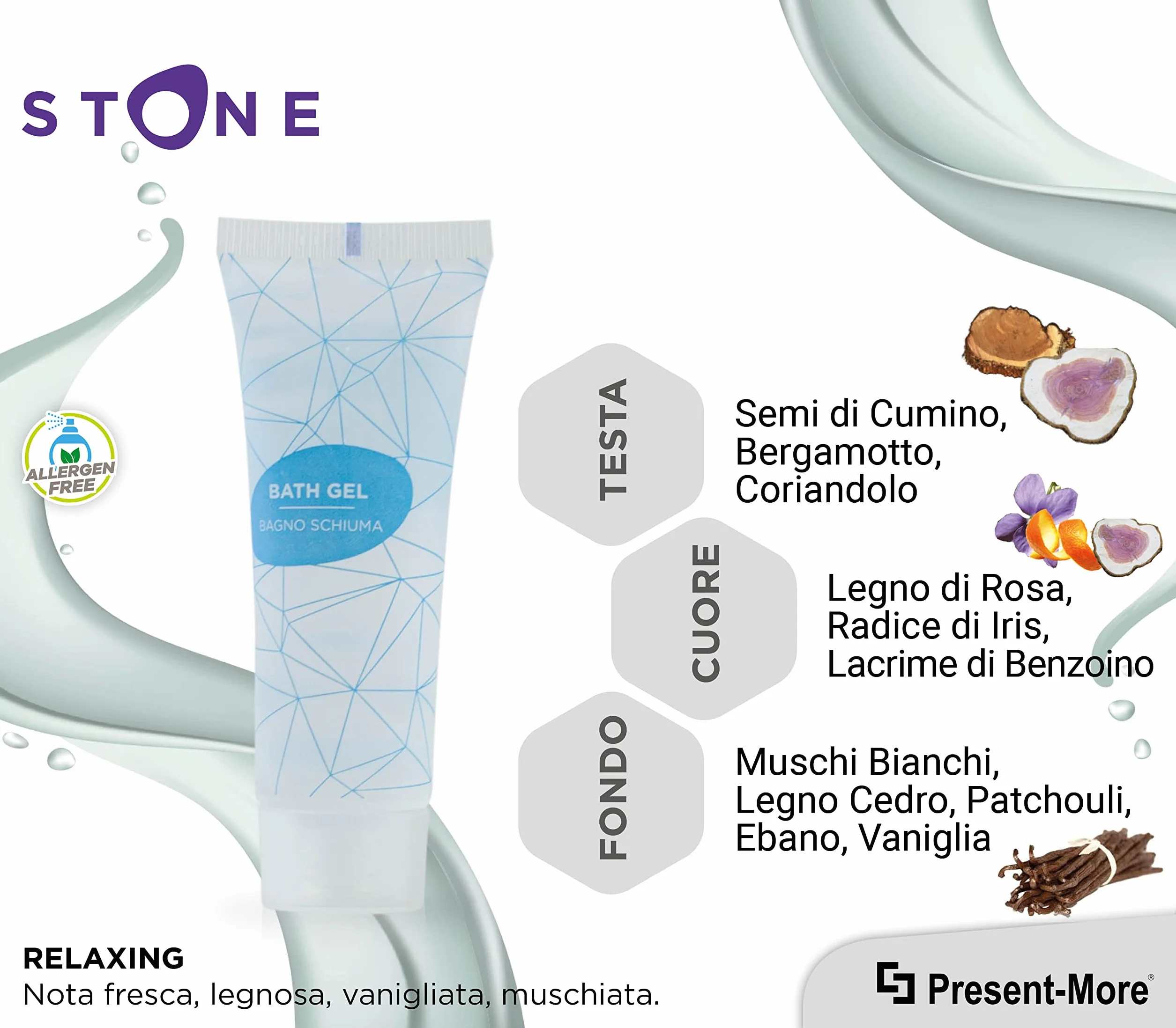 Bagnoschiuma Monodose Stone 30ml 250 Pezzi Senza Allergeni Fragranza Relaxing per Hotel B&B