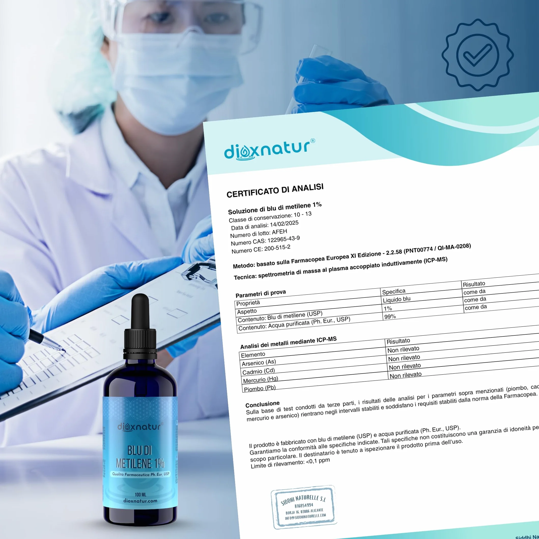 Blu di Metilene 1% USP 100 ml, Alta Purezza, Pipetta Integrata