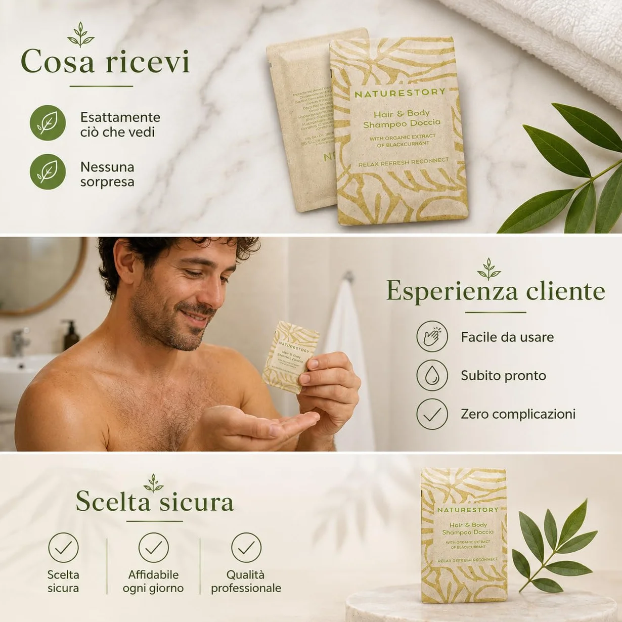 Bustine Shampoo Doccia Hotel 10 ml Monodose – Linea Cortesia B&B Made in Italy, Delicato con Ribes Nero, Eco Carta Riciclabile
