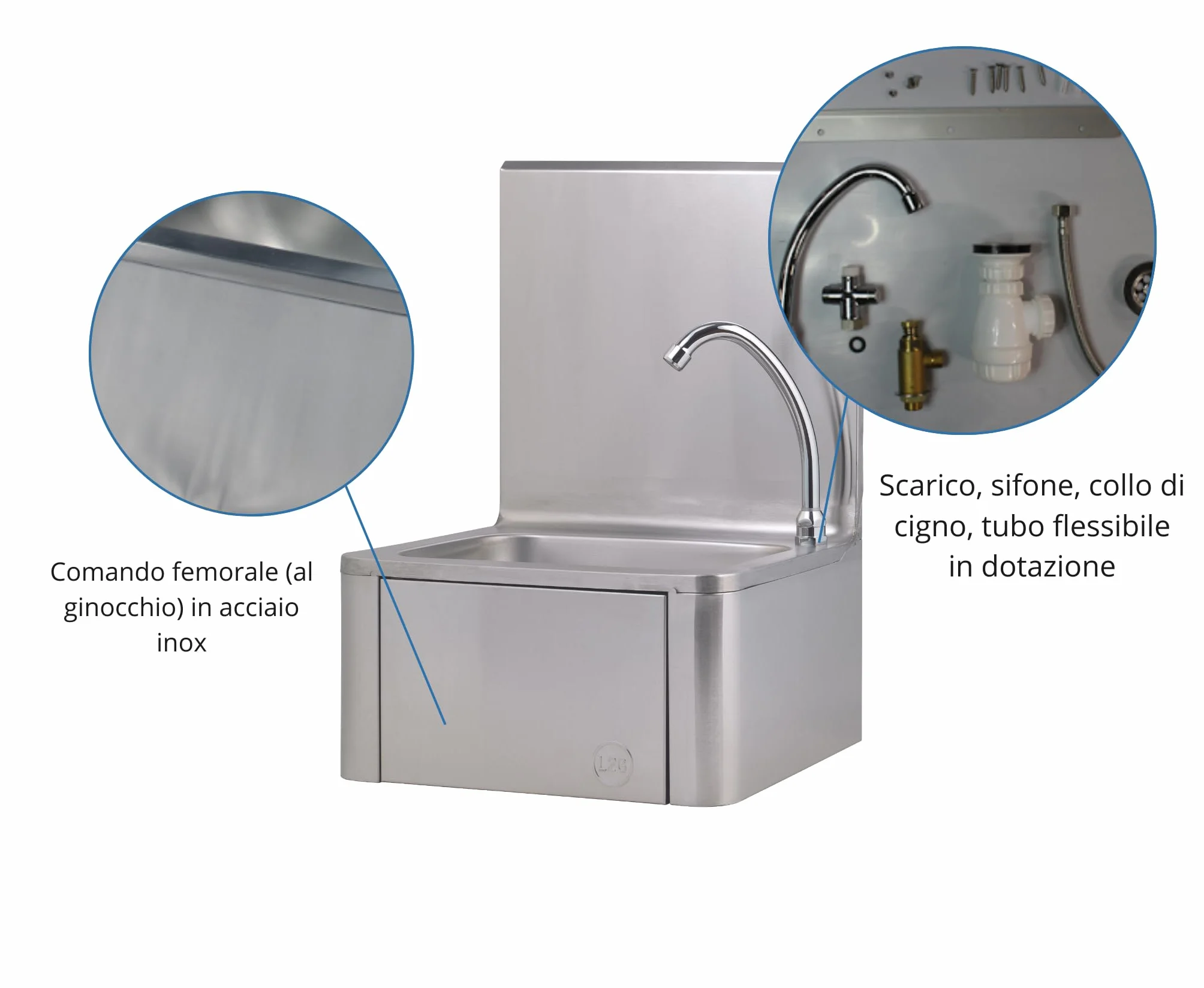 L2G - Lavamani da parete a ginocchio - Lavello piccolo in acciaio inox con miscelatore per acqua calda e fredda - Da parete - 40 x 34 x 56 cm