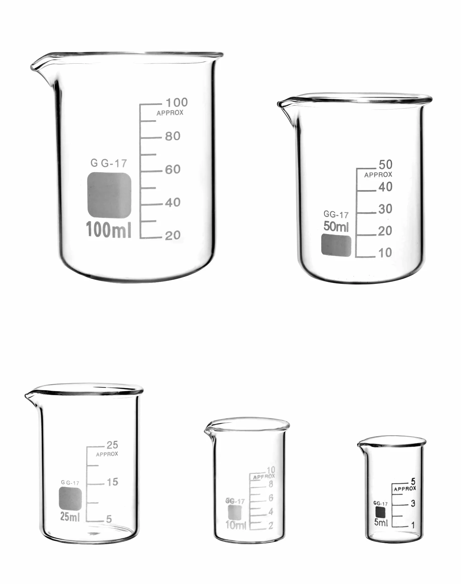QWORK® 5 Pezzi Becher Graduato in Vetro Borosilicato 3.3, 5ml-100ml Misurino per Laboratorio