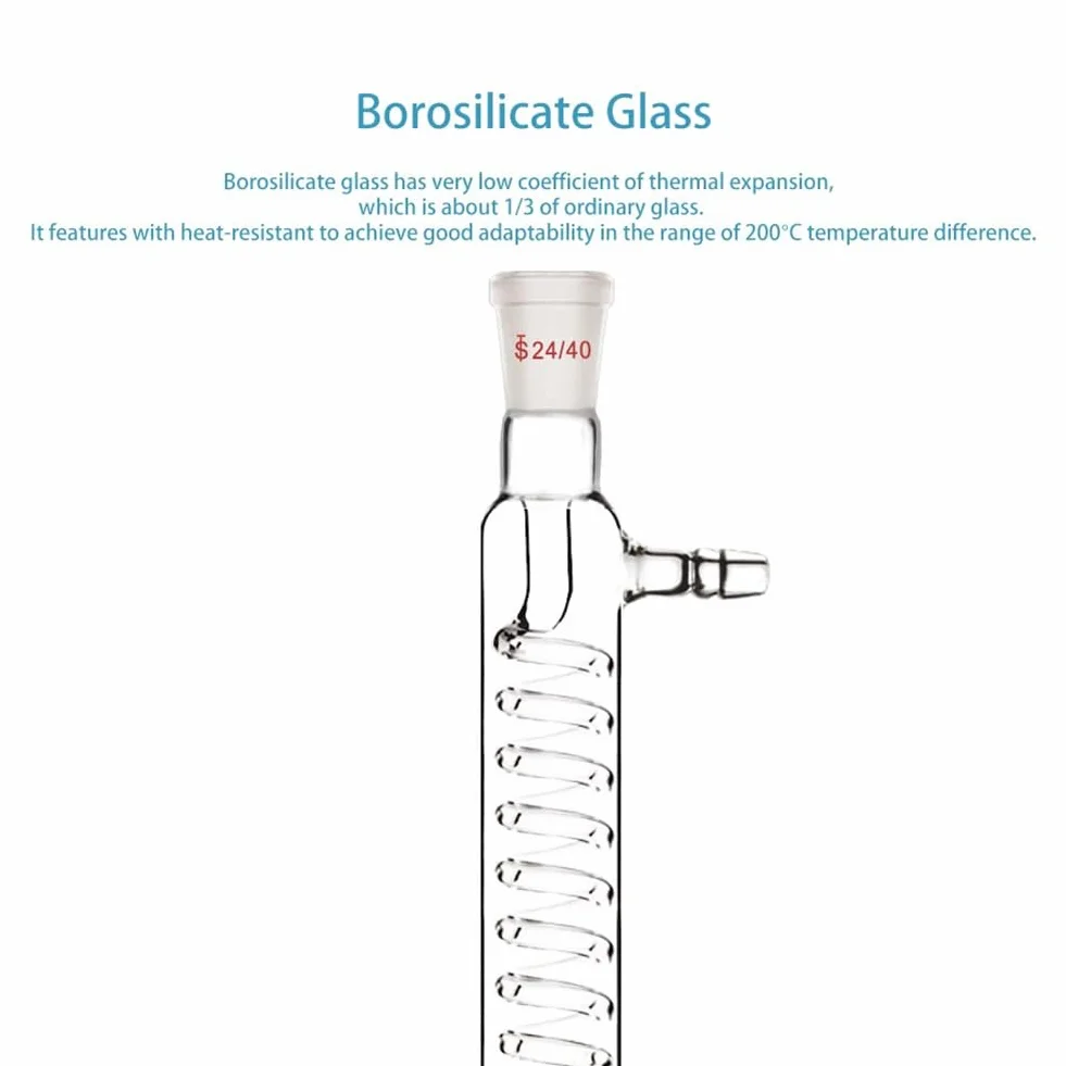 Condensatore in vetro borosilicato con raccordo 24/40, lunghezza giacca da 300 mm, tubo condensatore a serpentina, facile da installare