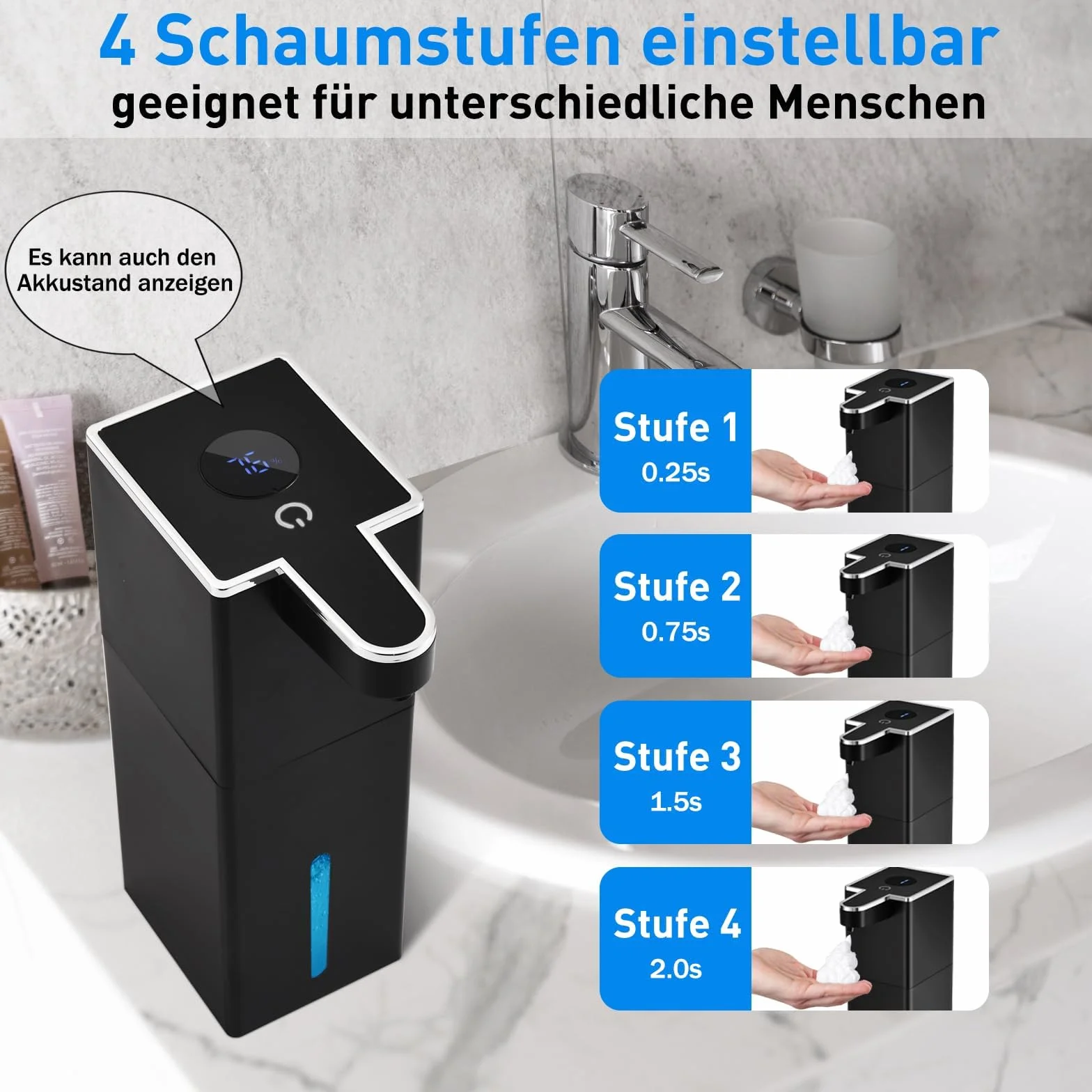 2 dispenser di sapone automatico, fissaggio a parete, senza contatto, 440 ml, 4 livelli regolabili con sensore, ricaricabile USB, 1800 mAh, per cucina, bagno, scuola, hotel (nero)