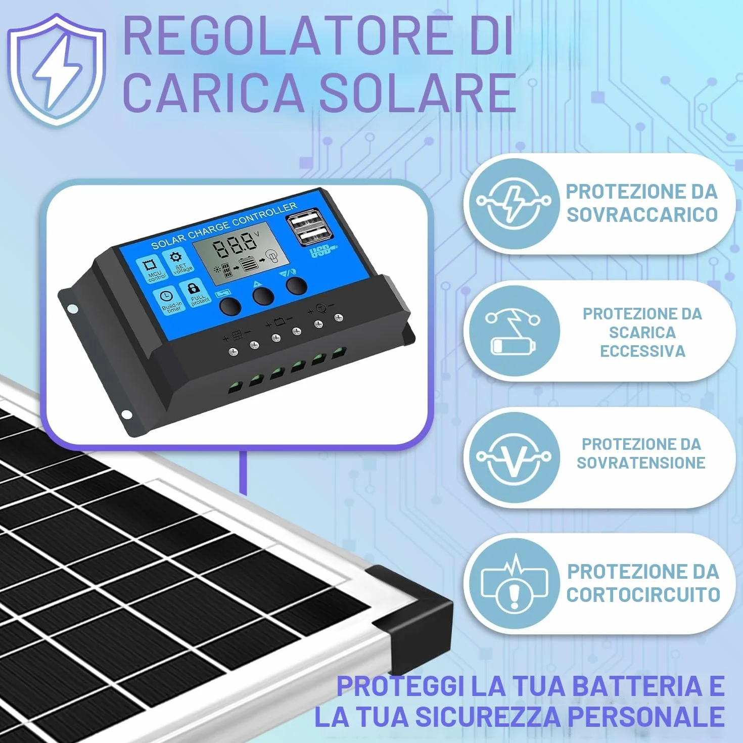 Kit pannello solare da 20 W, 12 V/24 V, caricabatterie per regolatore di carica PWM da 10 A + cavo di prolunga