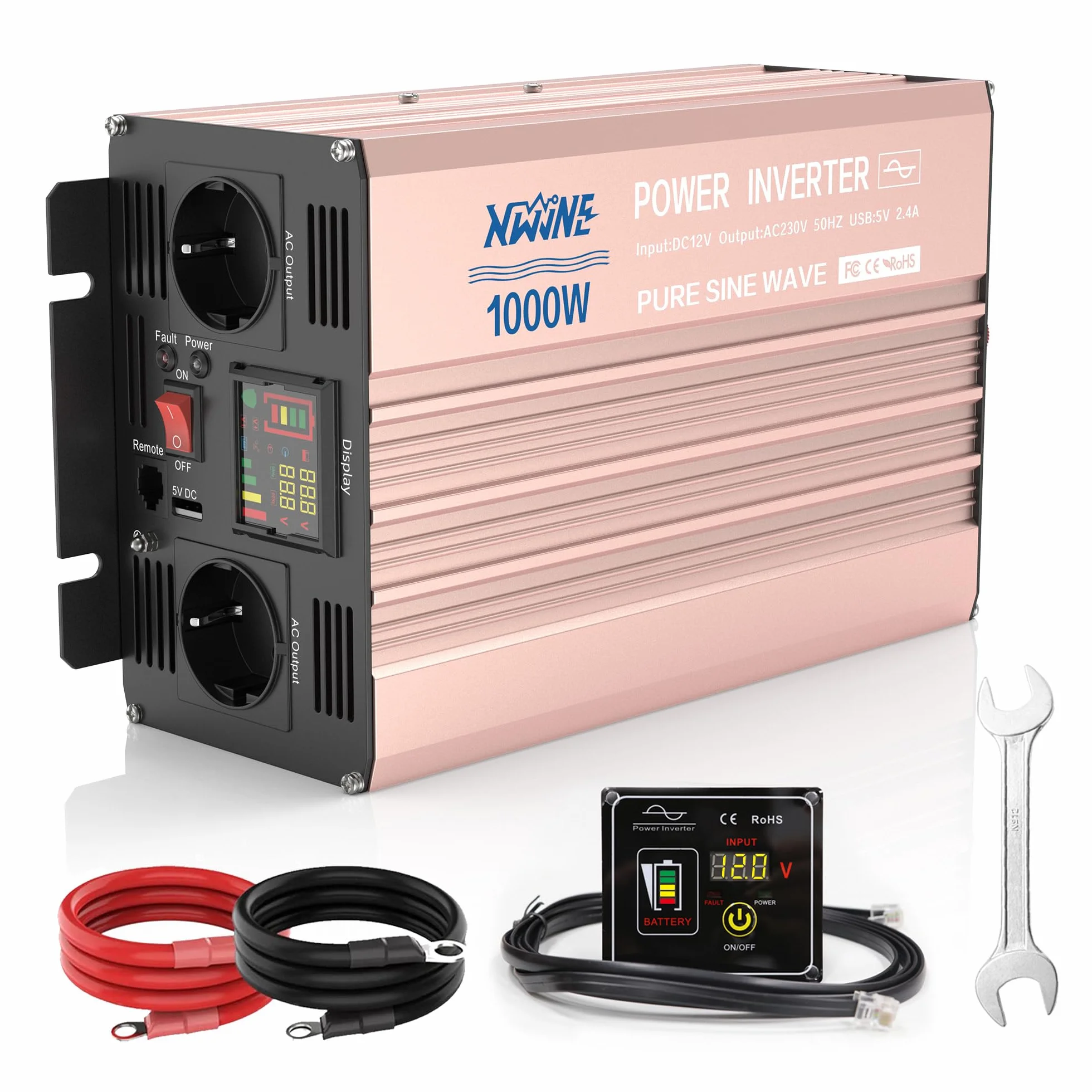 XWJNE Inverter onda sinusoidale pura 1000W/2000W 12V a AC 220/230V Onda Pura Convertitore con telecomando e Display LED Protezione Multipla Trasformatore di Potenza Convertitore