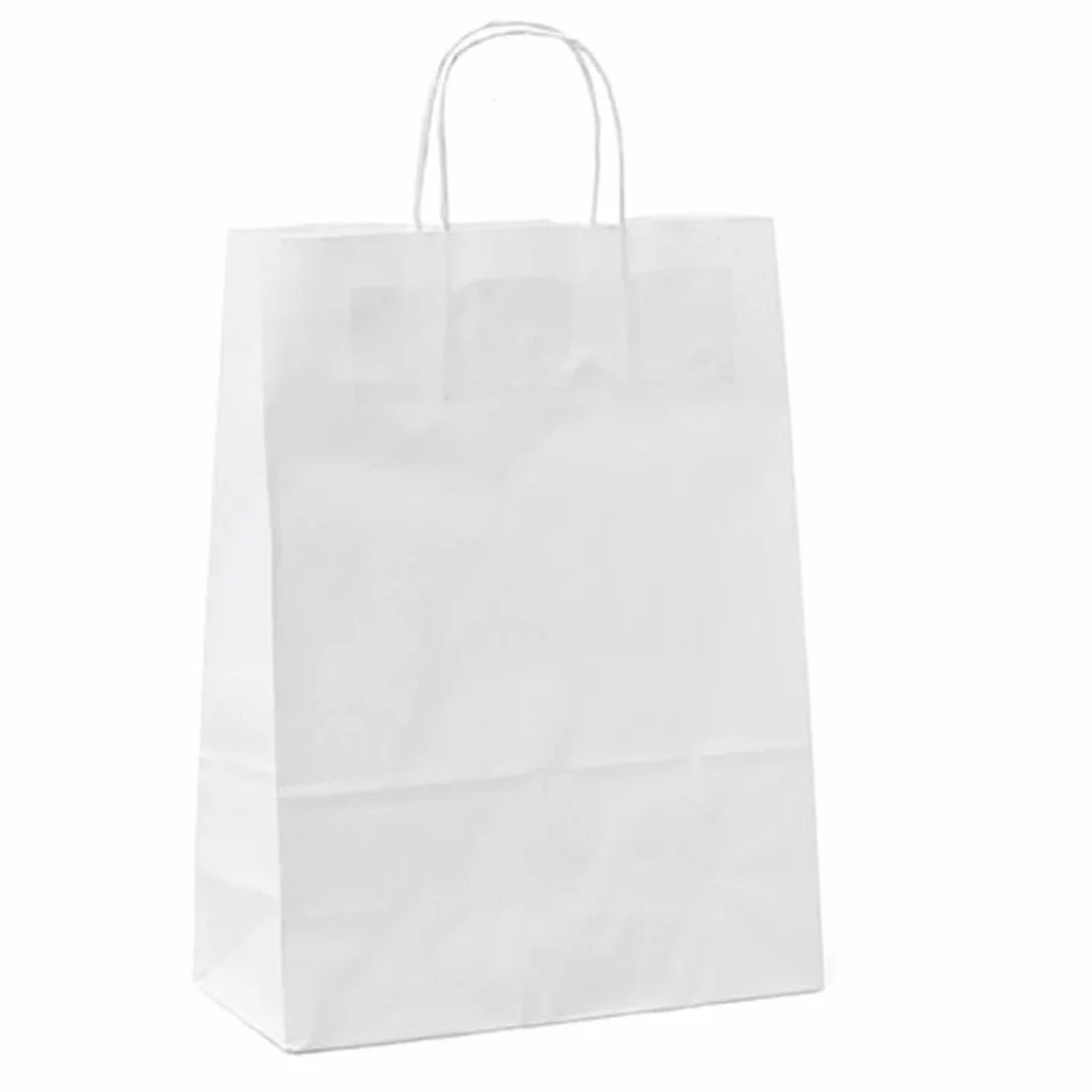 Shoppers in carta, manici in cordoncino, 45 x 15 x 50 cm, bianco neutro, confezione da 25 pezzi