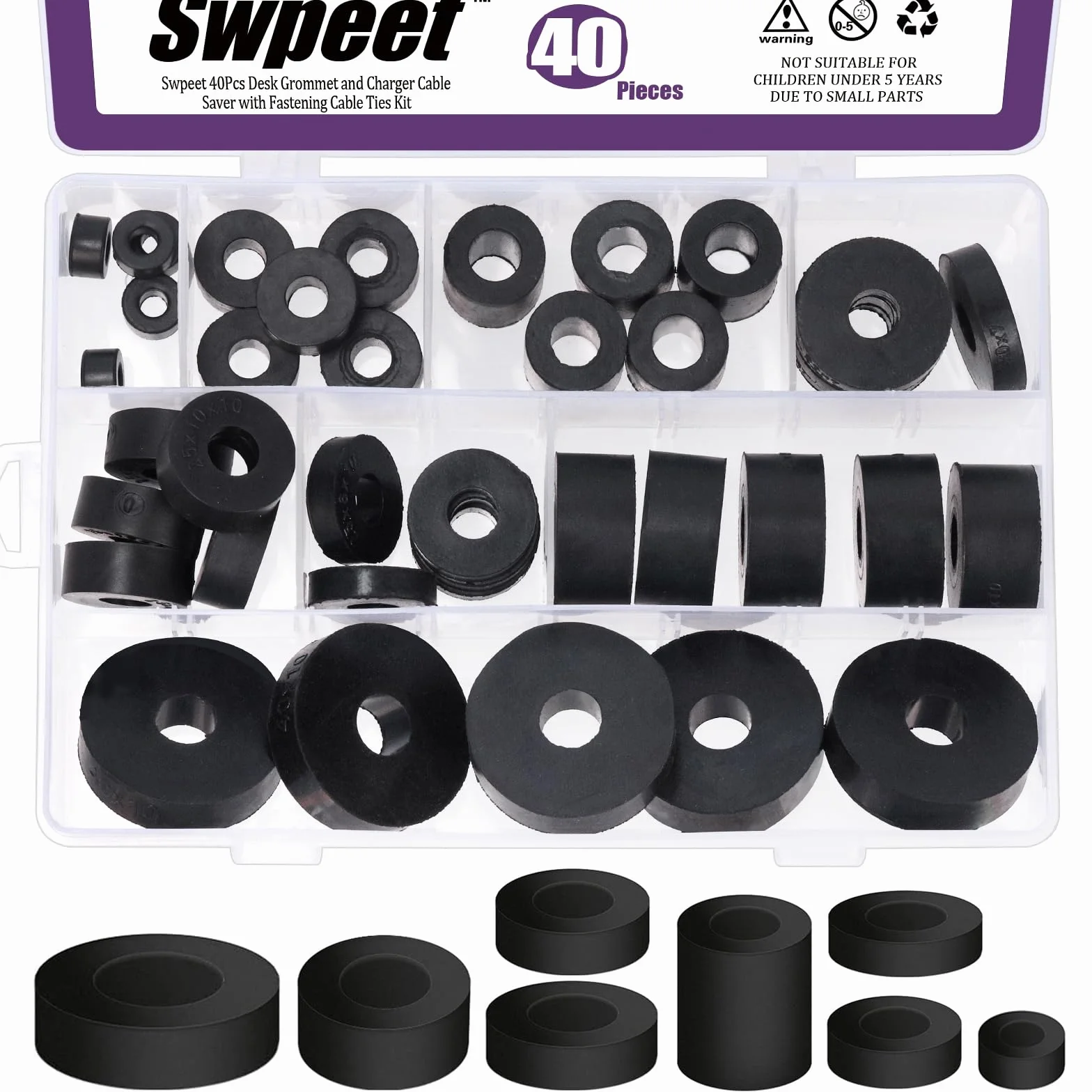 Swpeet Set di 40 pezzi distanziatori rotondi in gomma in 8 misure Set di rondelle in gomma nera 6/7/8/10/15/20mm per accessori