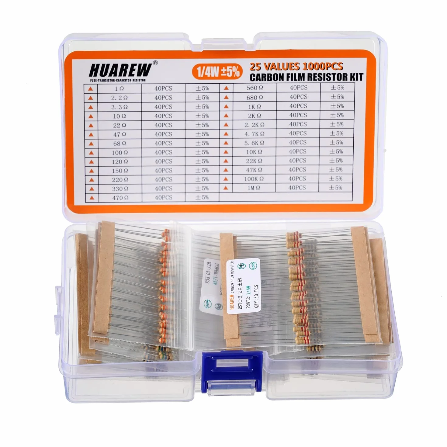 Zestaw 1000 sztuk rezystorów węglowych 1/4W 1 Ohm-1M Ohm 5% 25 wartości