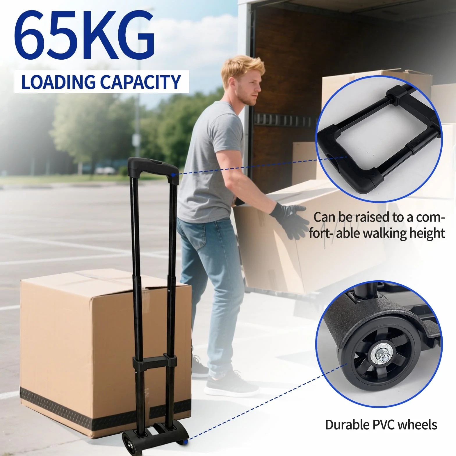 Carrello Pieghevole in Alluminio, Portatile Carrello per Trasporto, Portata Massima 65kg, Manico Telescopico Lungo 95.5 cm, Dimensioni Piattaforma 35 * 36 cm Ideale per Viaggi, Traslochi