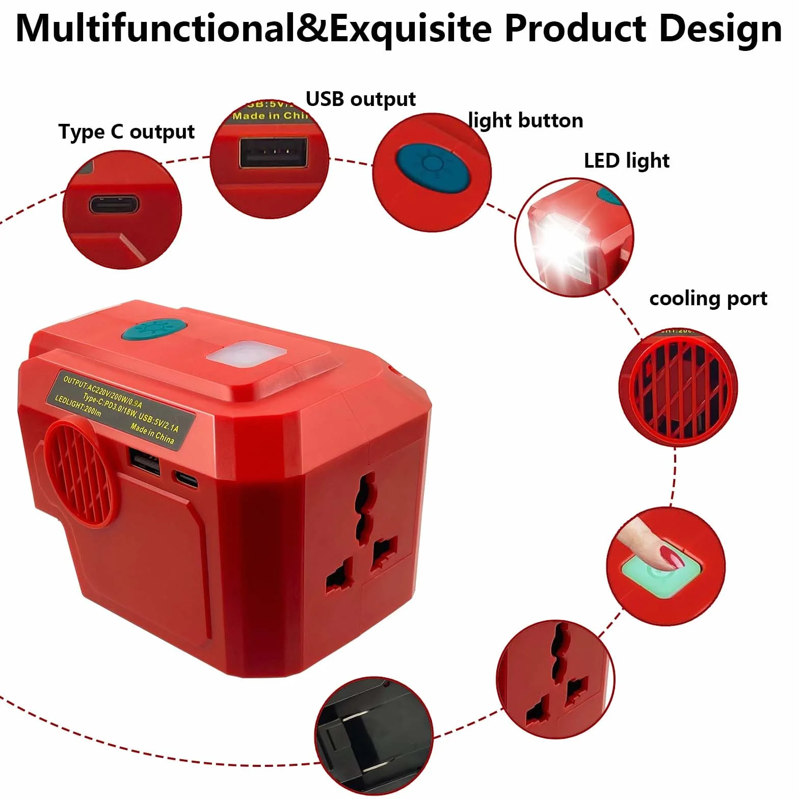 Convertitore per Einhell 18V Batterie, 200W 18V CC a 220 V CA, Adattatore Convertitore per Batterie a Onda Sinusoidale Pura con Lampada LED USB-C 200LM e Prese 230V Inverter per Campeggio