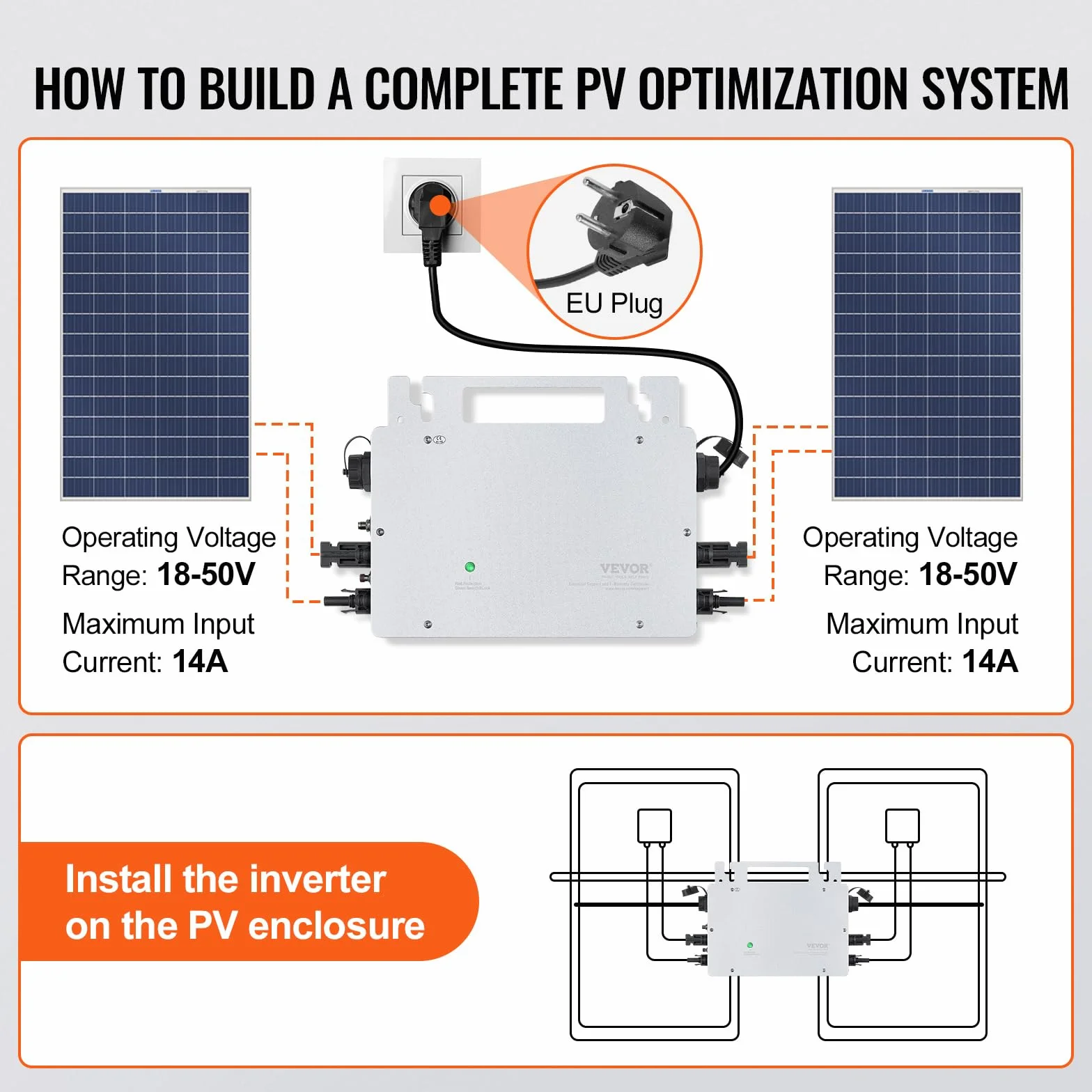 VEVOR Micro inverter collegamento alla rete solare, 800W, IP65 Impermeabile alla rete solare DC18-50V Tensione di esercizio con cavo di alimentazione antenna WiFi APP, per sistemi di pannelli solari