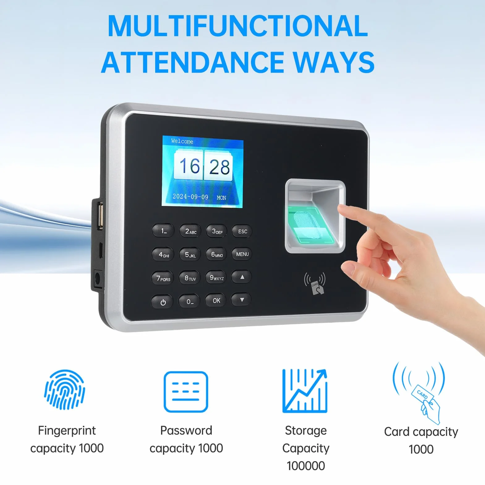 Bisofice A2 Rilevatore Presenze Dipendenti, Timbratrice Presenze con Scansione impronte digitali, RFID, Password, Timbracartellini Prompt Vocale, Display da 2,4", Argento