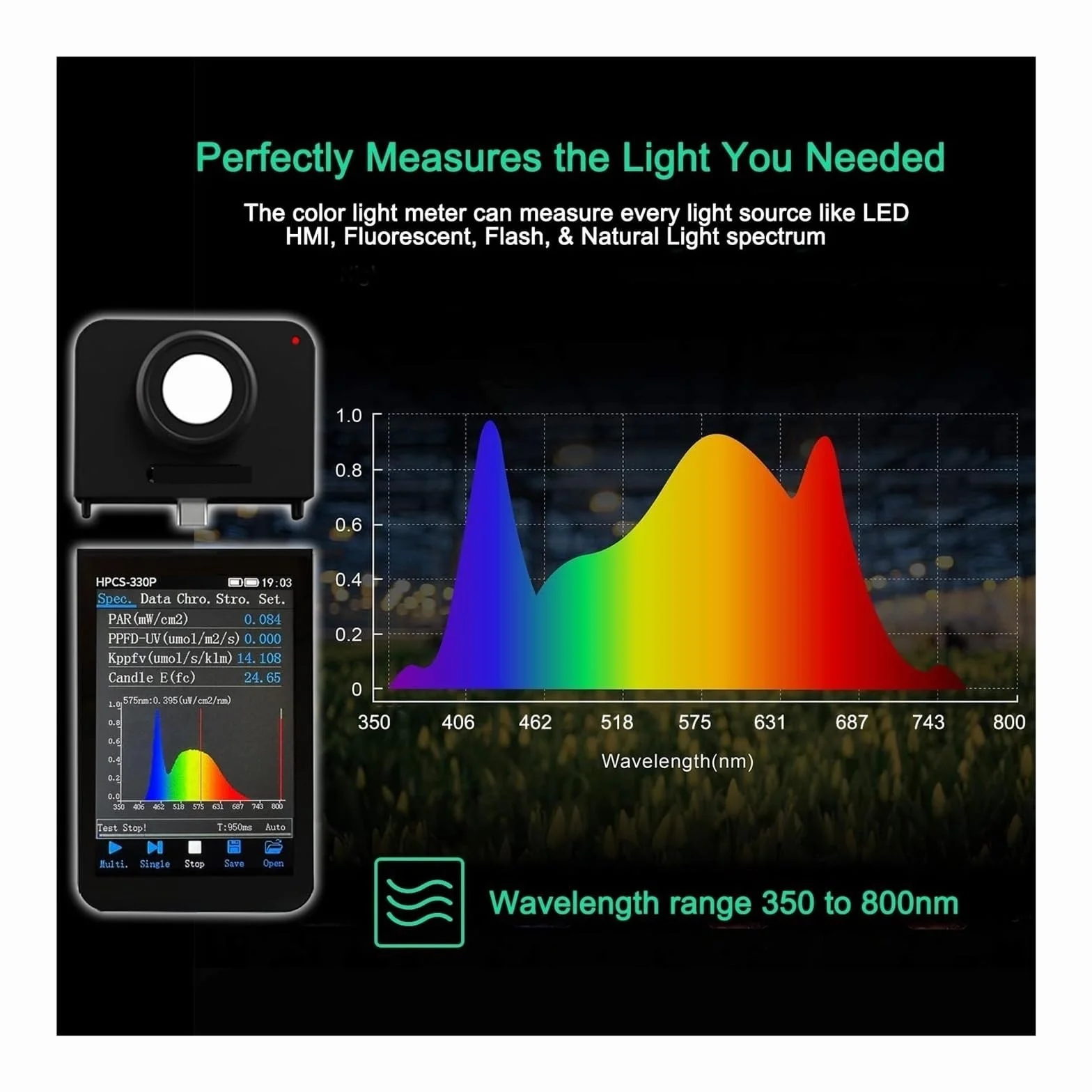 Spettrometro portatile portatile HPCS-330 a lunghezza d'onda 380-780nm, misuratore di luce CCT CRI ad alta precisione, analizzatore di spettro LED Ampia gamma di misurazione(HPCS300)