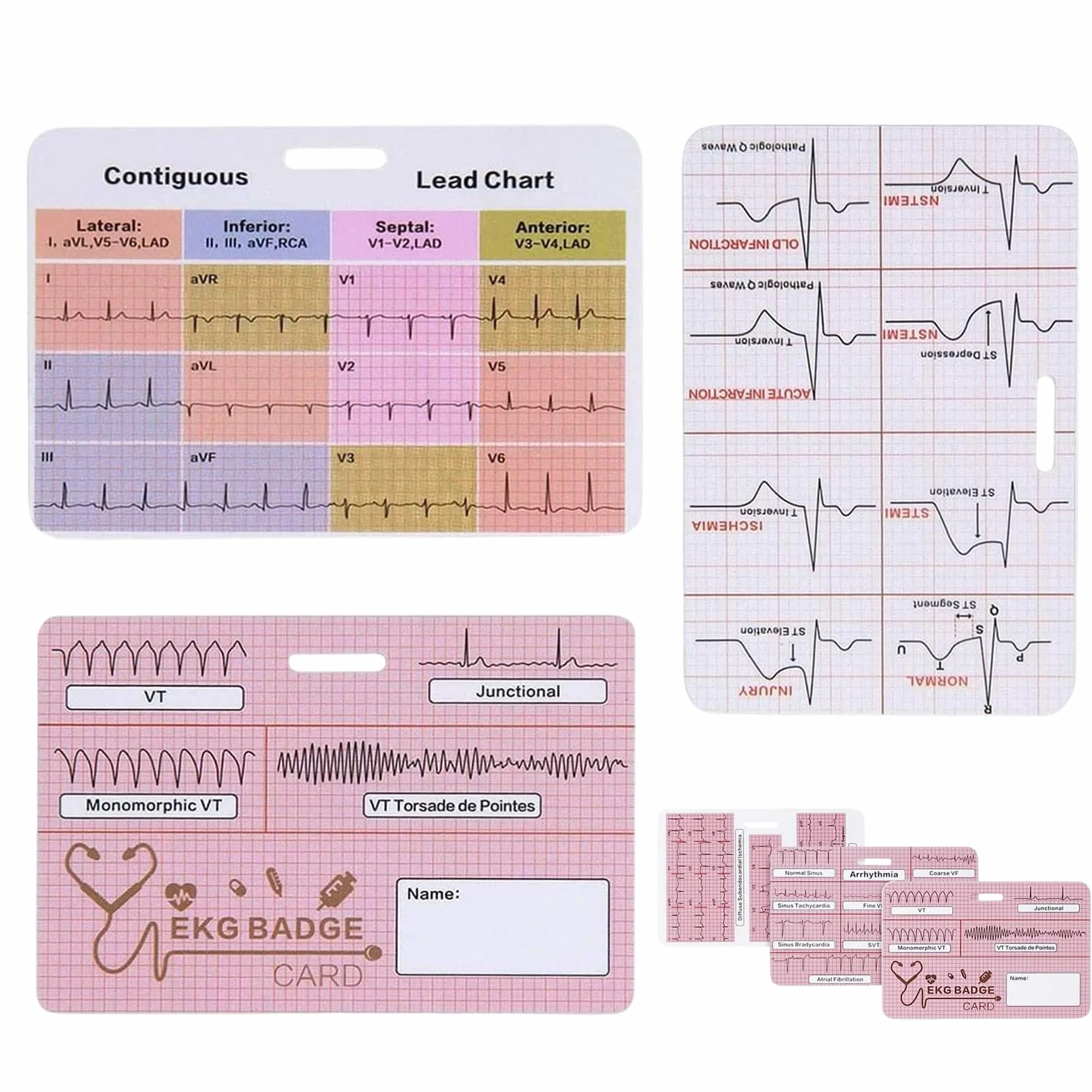 Scheda ECG – badge di riferimento, di riferimento ECG, 3 pezzi, set di carte mediche, ideale per studenti di medicina e infermieristica, paramedici e cliniche di telemetria