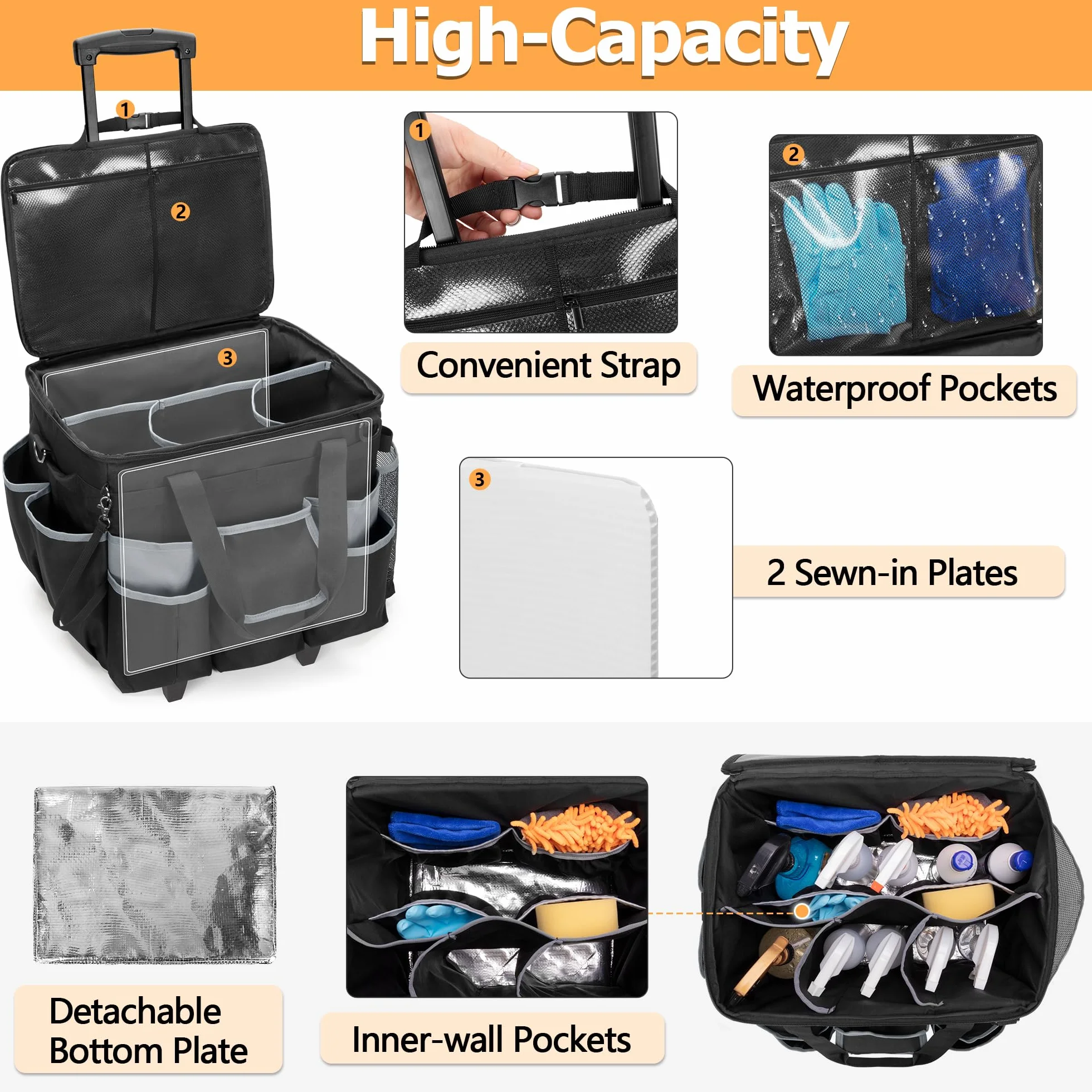 HODRANT Grande borsa per la pulizia su ruote con carrello rimovibile e coperchio, carrello organizer per la pulizia su rotelle, cuscino per la pulizia portatile con tracolla e maniglie, nero