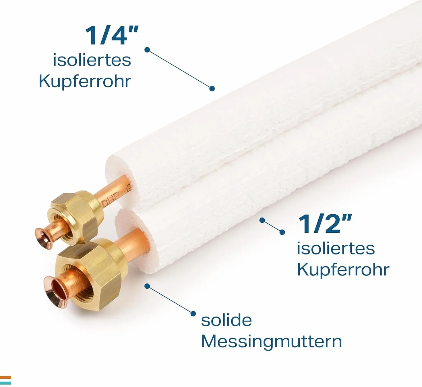 1/4" + 1/2" Tubo del refrigerante in rame pre-isolato, 1m, con dado avvitato, per sistemi di raffreddamento 18000BTU (rame bobinato)