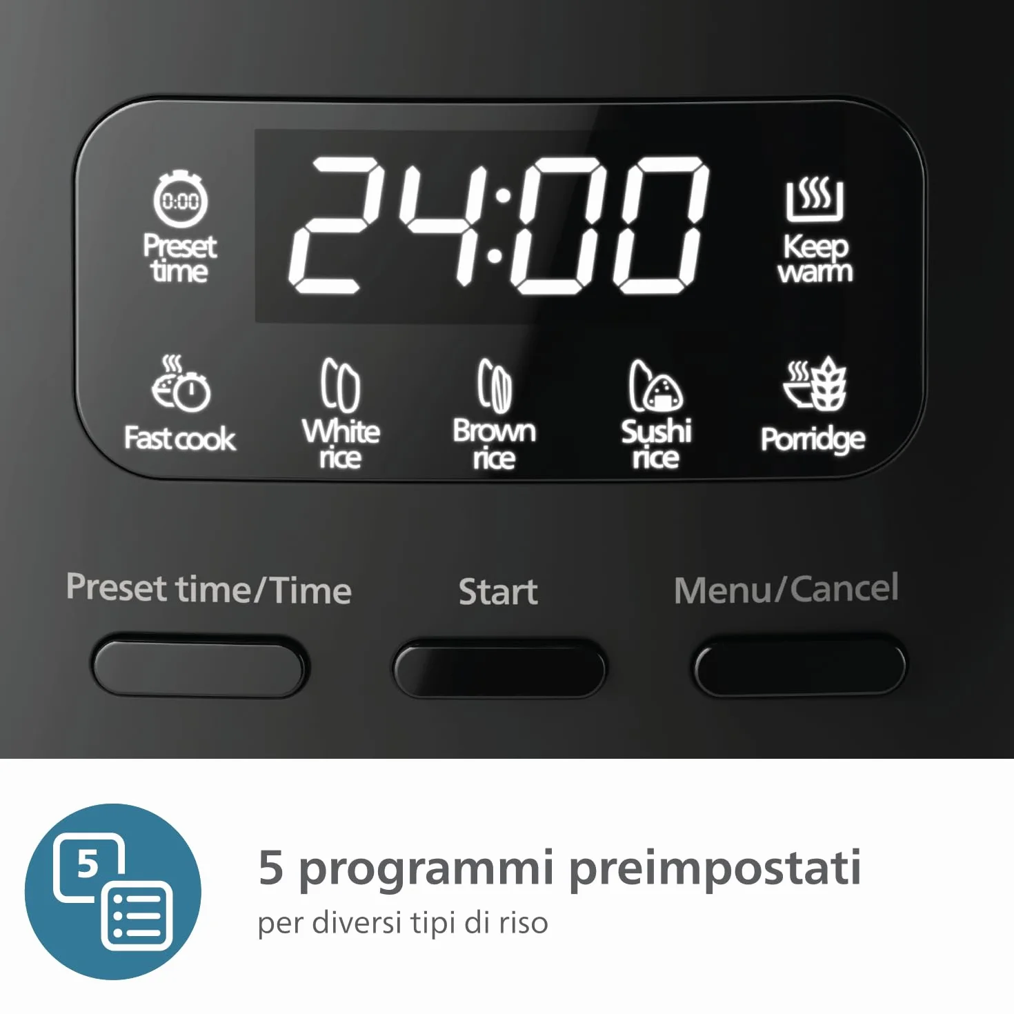 Philips Serie 3000 Mini Cuociriso 0,54L HD3080/80, rivestimento Bakuhanseki a 5 strati, cottura rapida 30 min, 5 menu automatici, nero