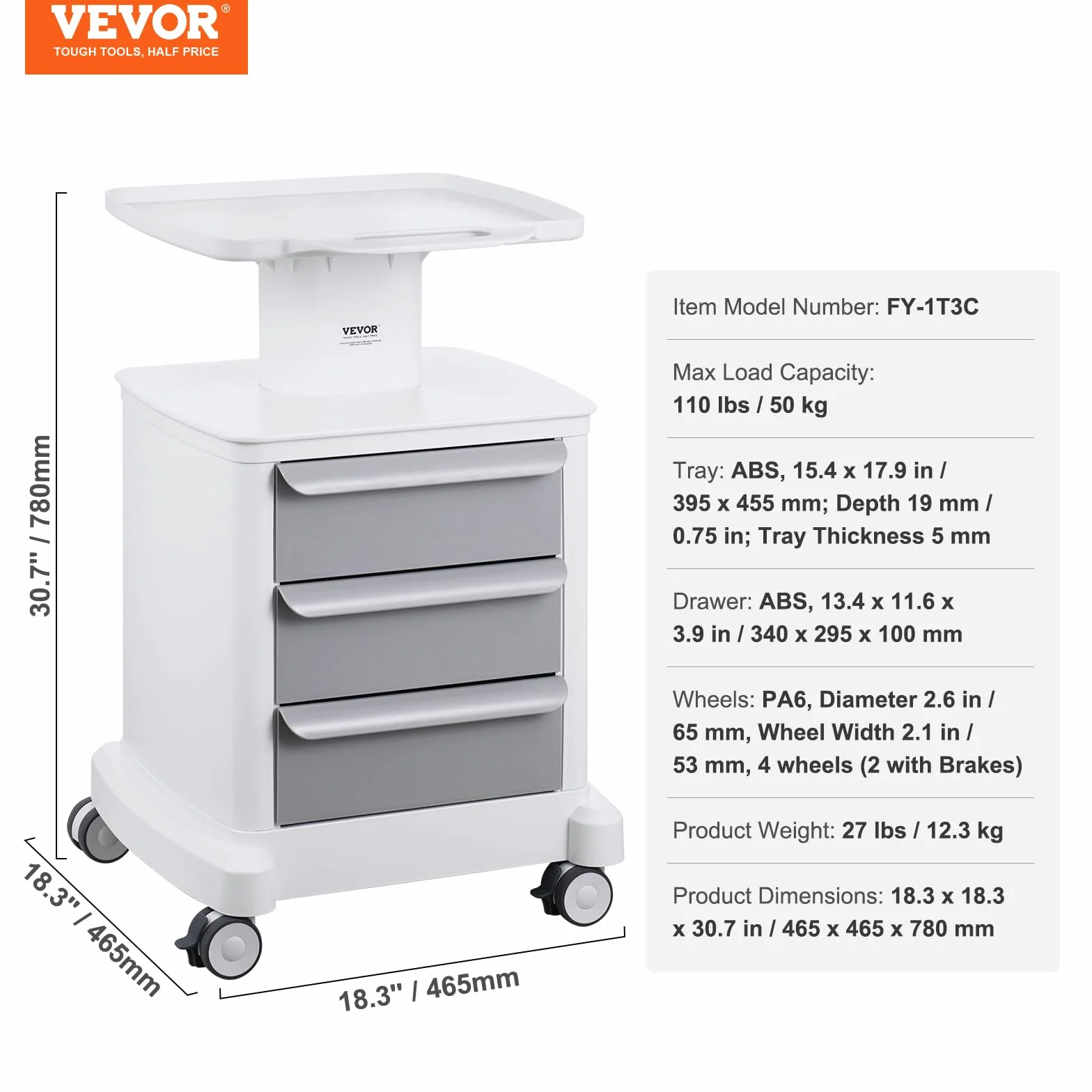 VEVOR Carrello da Laboratorio 4 Ripiani con 3 Cassetti 1 Vassoio Superiore 4 Ruote, Bianco