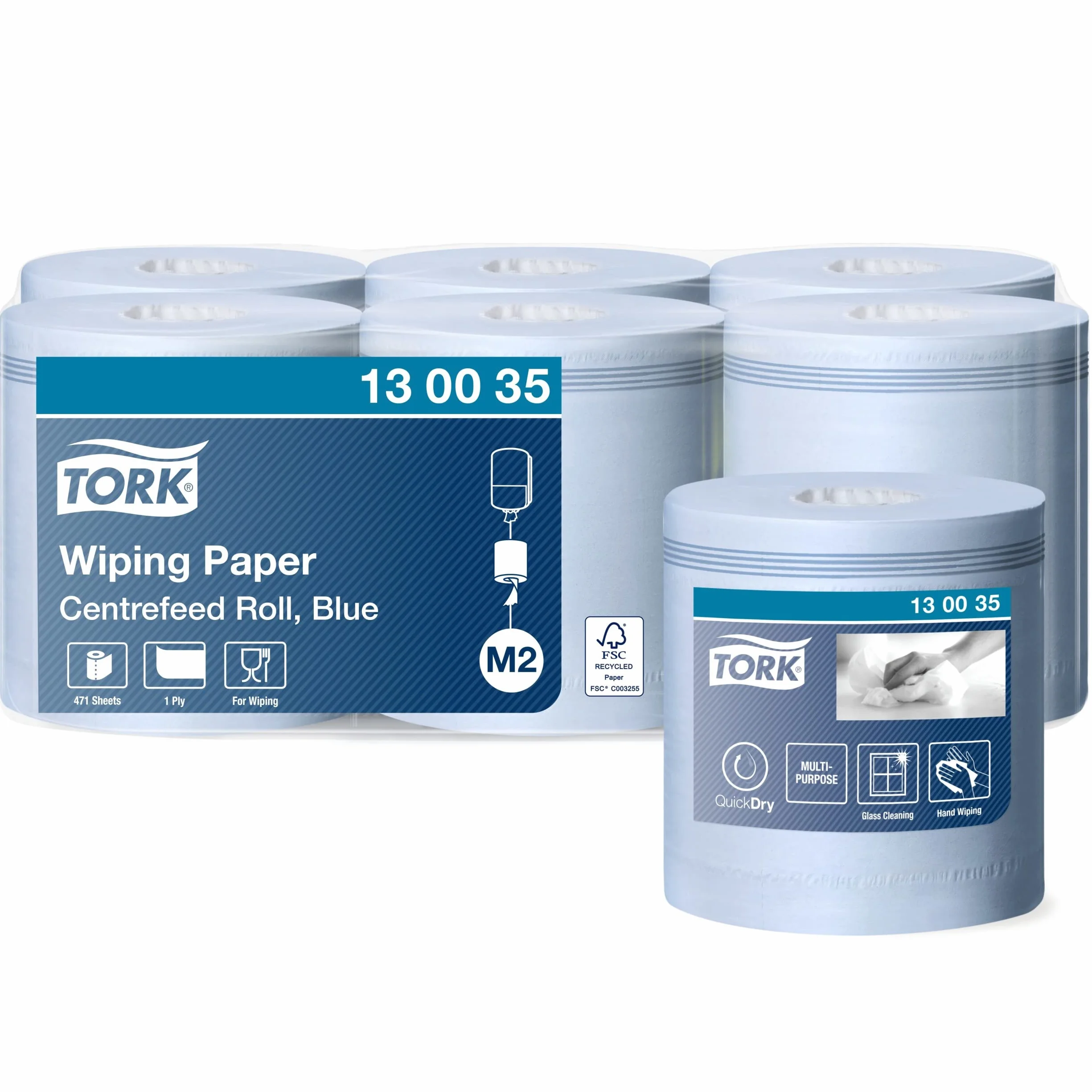 Tork 130035 Carta per asciugatura Premium QuickDry, compatibile con il sistema M2 (ad estrazione centrale maxi), 1 velo, 1 x 6 rotoli (6 x 165 m), colore blu
