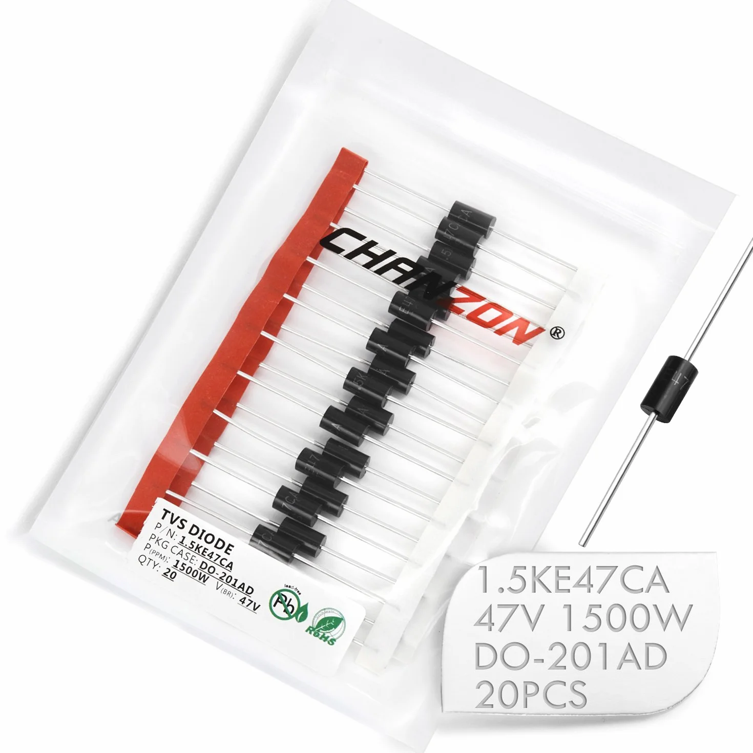 Chanzon Diodi TVS 1.5KE47CA 1500W 47V DO-201AD DO-27 Bidirezionale