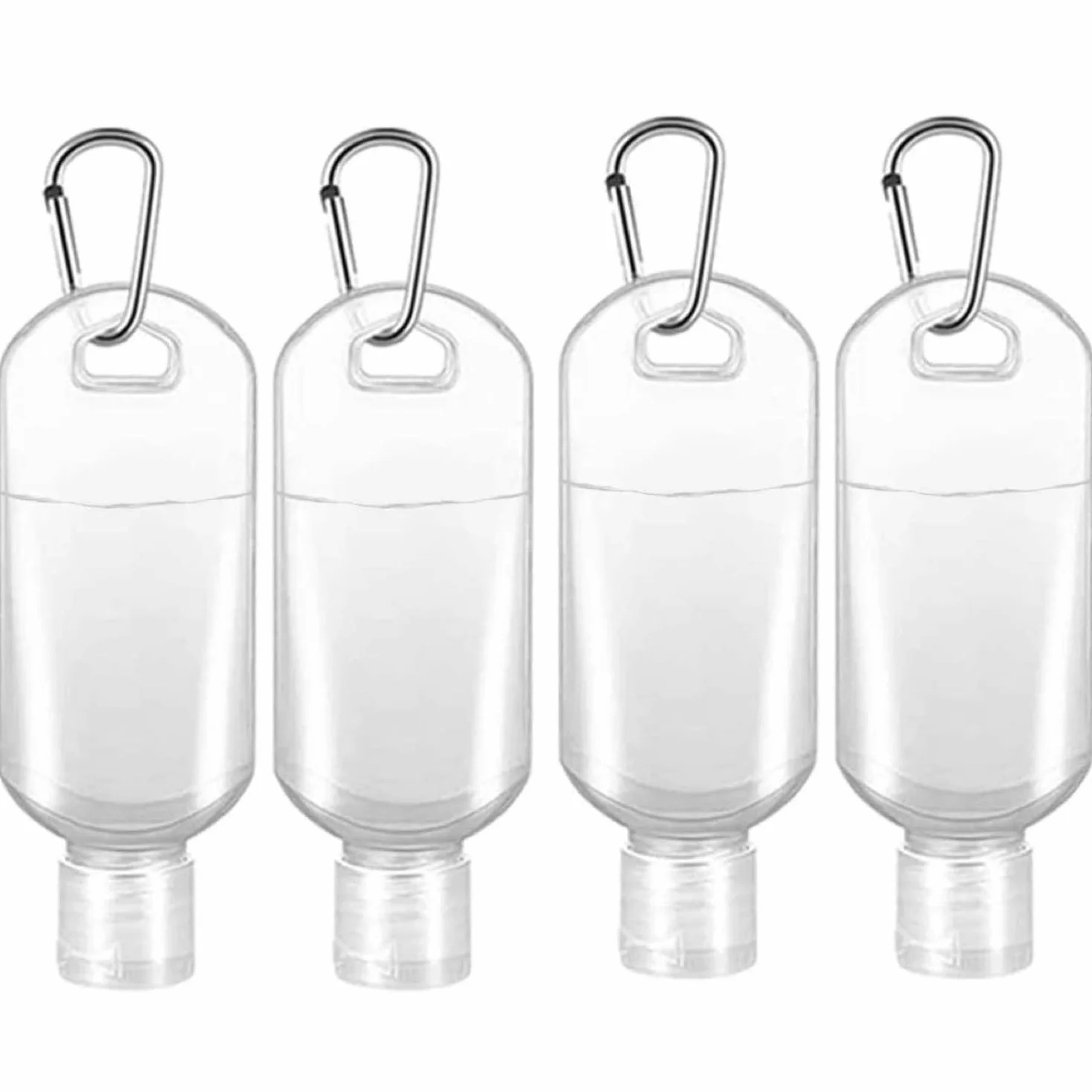 Flacone disinfettante per le mani con clip, 4 flaconi riutilizzabili per disinfettanti per le mani, 50 ml, con coperchio ribaltabile e moschettone