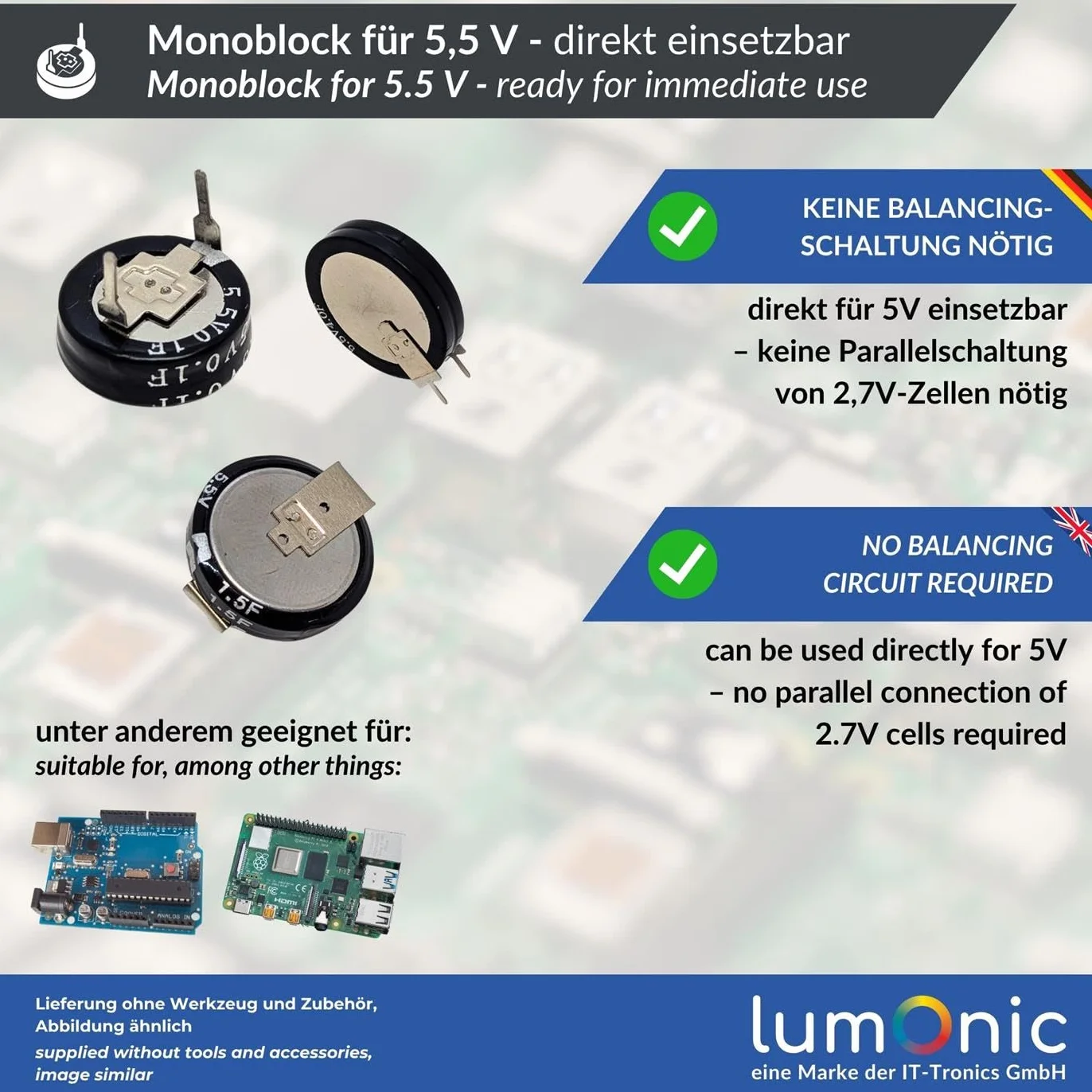 Lumonic Supercap 1,0F 5,5V V-Type EDLC Monoblocco Protezione da sfarfallio Backup PLC Riscaldamento