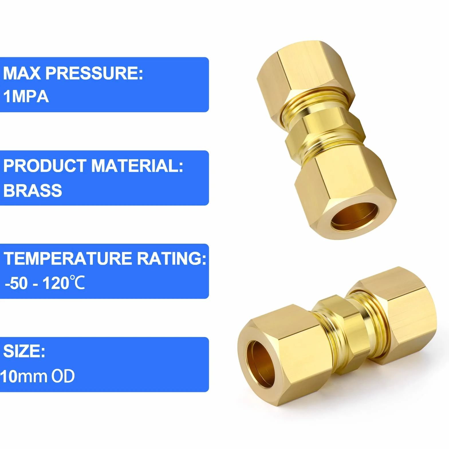 Raccordi a Compressione in Ottone 10 mm OD Femmina Connettore Diritto 5 Pezzi