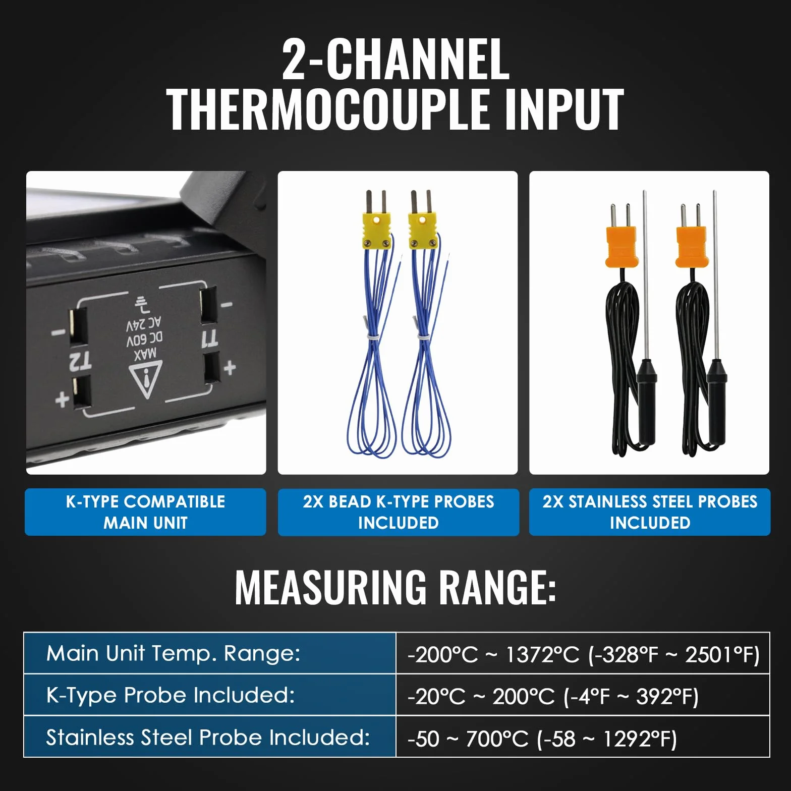 Termometro a termocoppia tipo K/J a due canali 4 sonde -200 a 1372°C misuratore temperatura CVC ATC