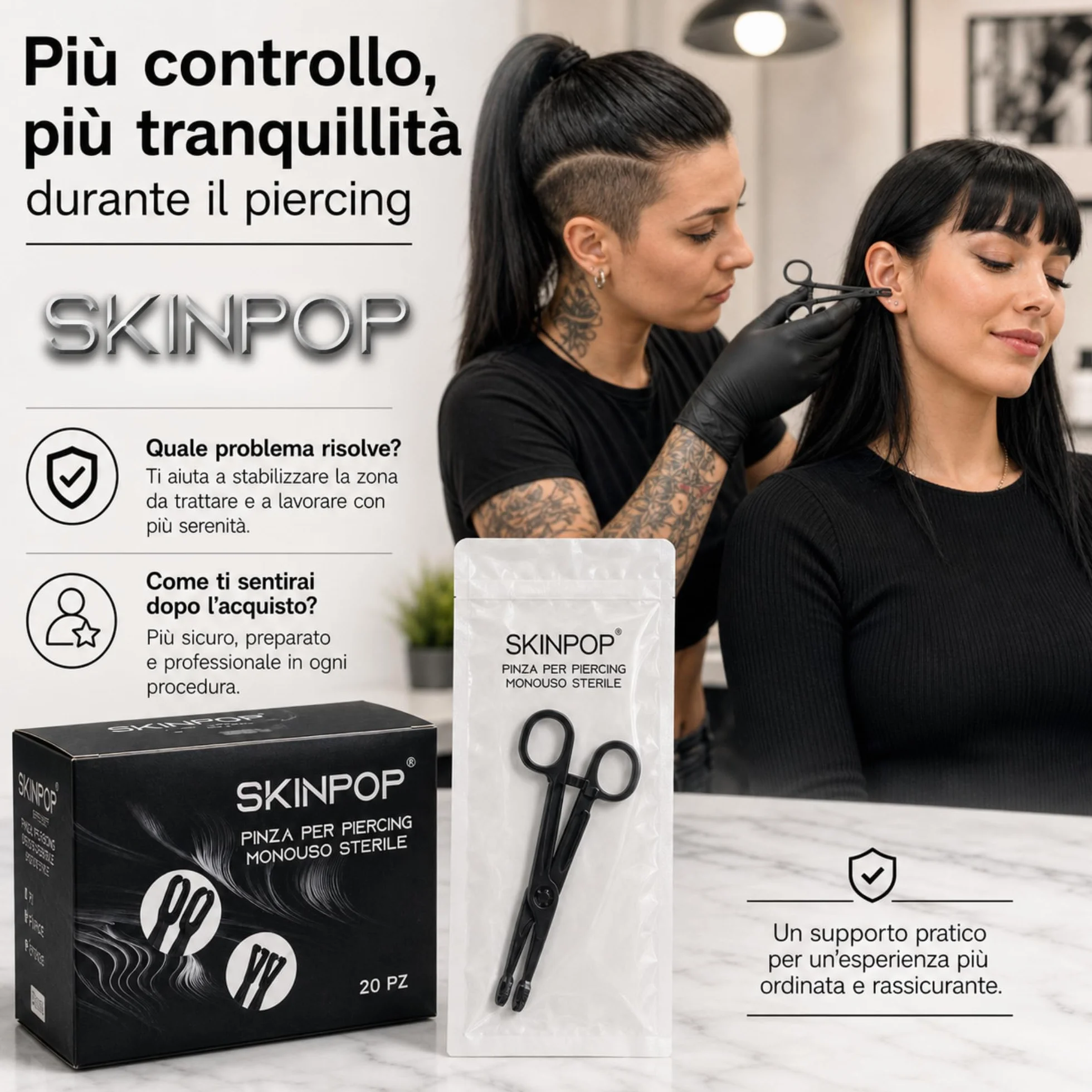 Pinza per Piercing Monouso con Forma Ovale - DELICATA e RASSICURANTE - Pinze in PVC Sterilizzata E.O. Gas - Confezione Singola - Presa STABILE per Prima Foratura e Body Piercing