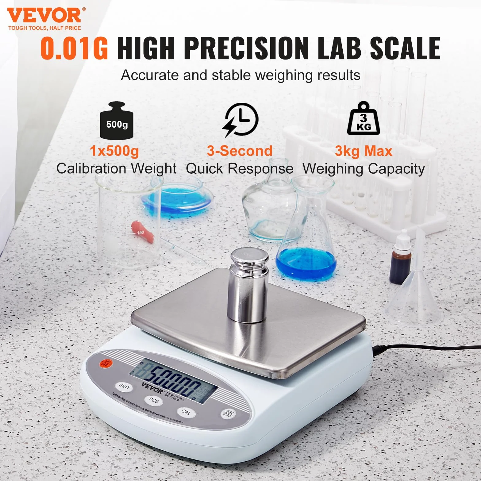 VEVOR Bilancia analitica digitale 3000 g x 0,01 g, Bilancia da laboratorio ad alta precisione con 13 unità di conversione, Bilancia elettronica da laboratorio scientifico, Display LCD, per gioielli