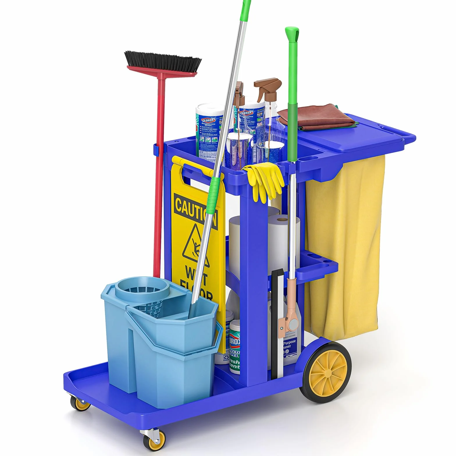 Carrello per pulizie con 3 scomparti, carrello per pulizie professionale per uso commerciale, 83 x 46 x 90 cm, carrello domestico con 4 ruote, grande capacità 65 L, sacco per rifiuti per