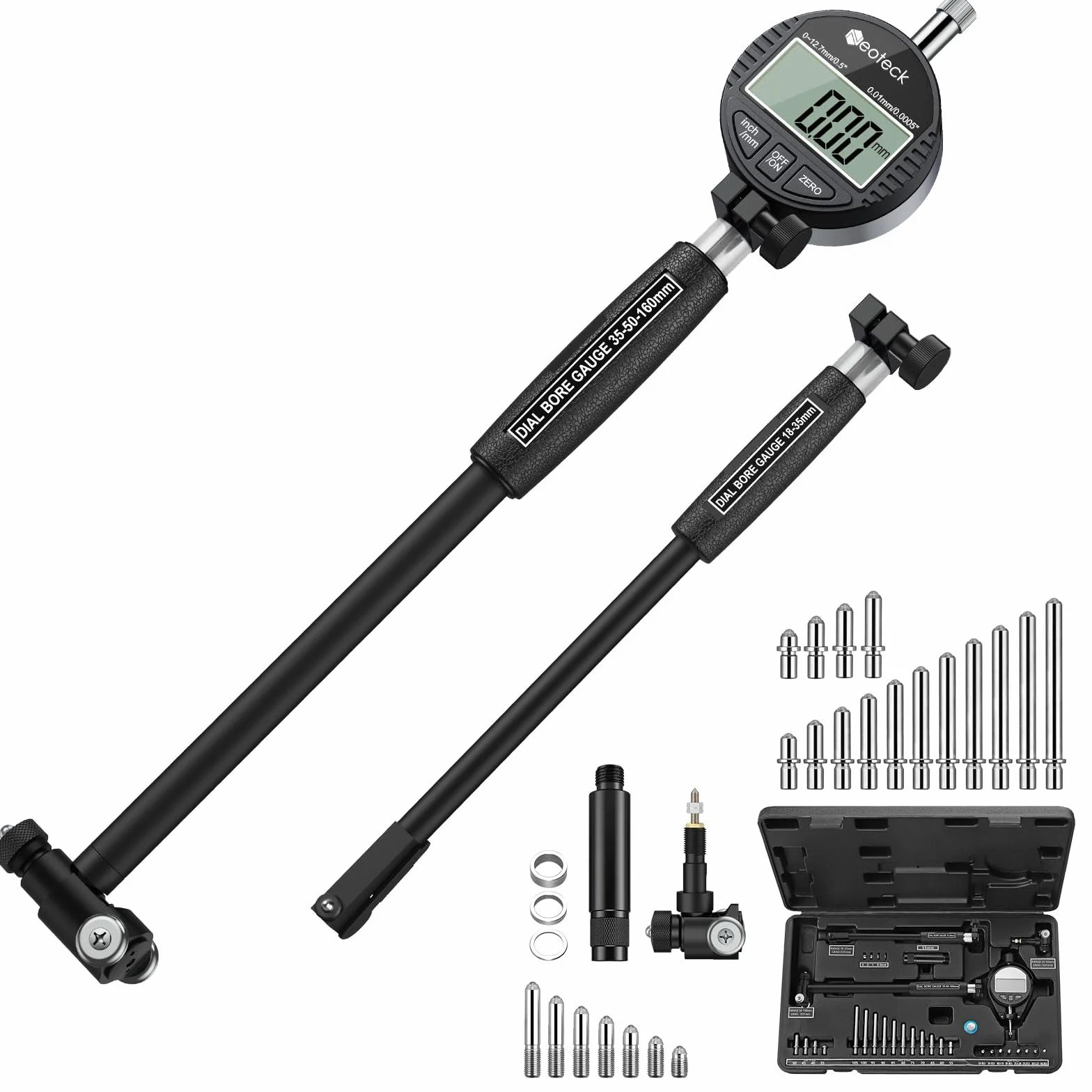 Neoteck Alesametro Digitale per Alesaggi 18-160mm/2-6" con 23 Testine, Comparatore Elettronico per Diametro Interno Set, Comparatore 0-12.7mm Precisione 0.01mm/0.0005" per Cilindri Motori e Officina