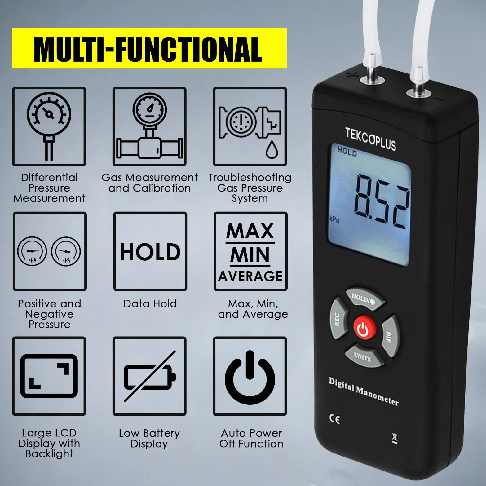 Manometro, Tester di Pressione del Gas a Doppia Porta, Manometro Digitale Professionale per HVAC, Misuratore di Pressione dell'Aria, Manometro Differenziale con Display LCD Retroilluminato