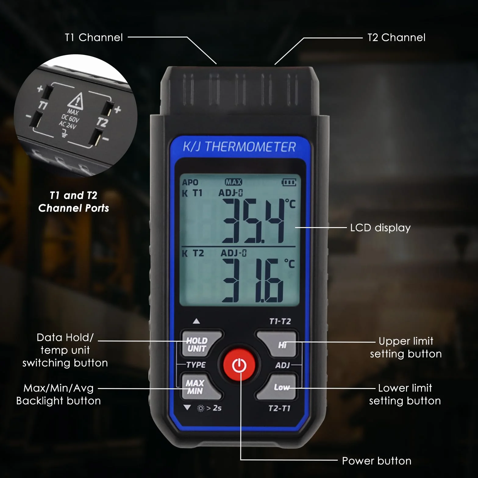 Termometro a termocoppia tipo K/J a due canali 4 sonde -200 a 1372°C misuratore temperatura CVC ATC