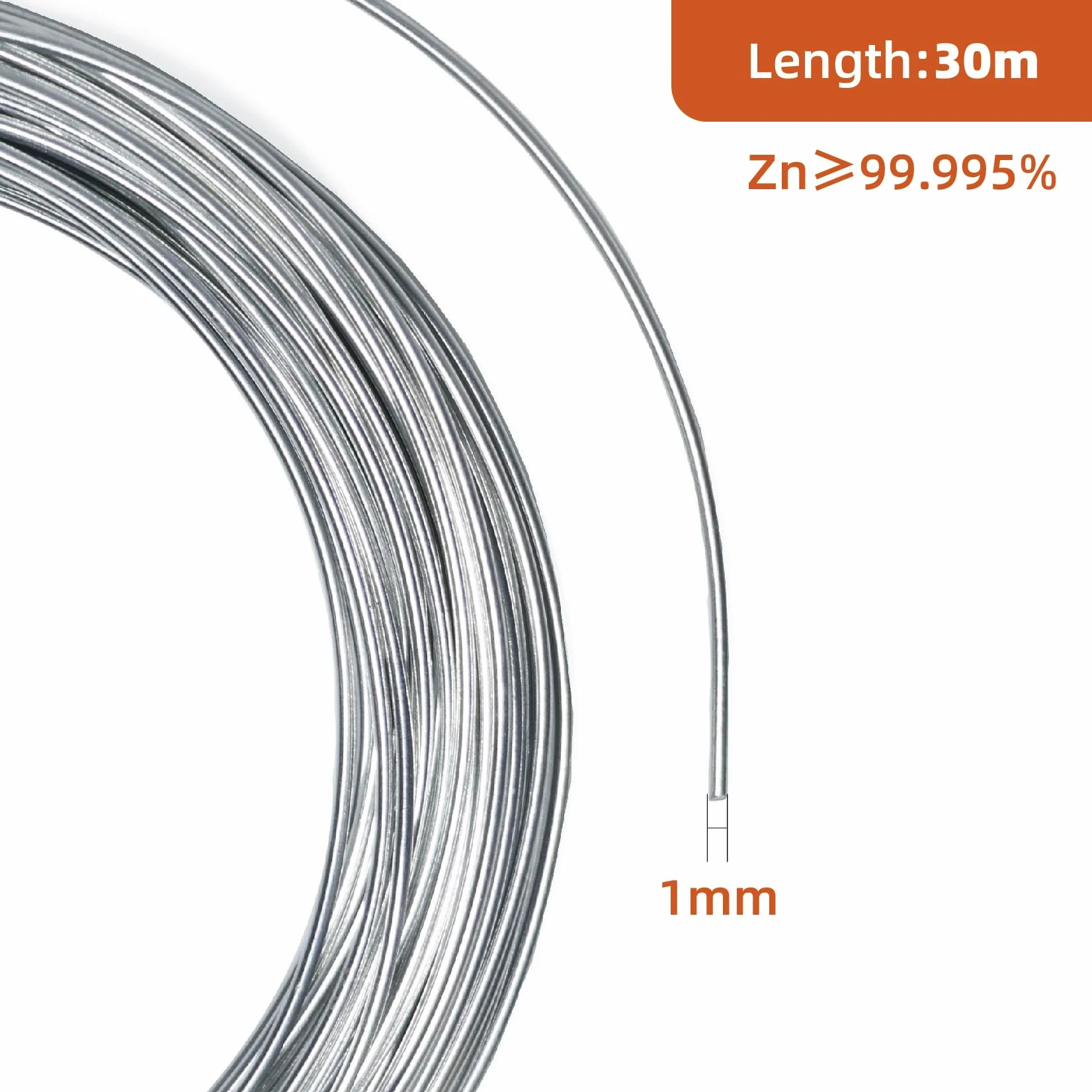 Puro Filo di zinco 1mm, Elevata purezza 99.995% (1mm, 30m)