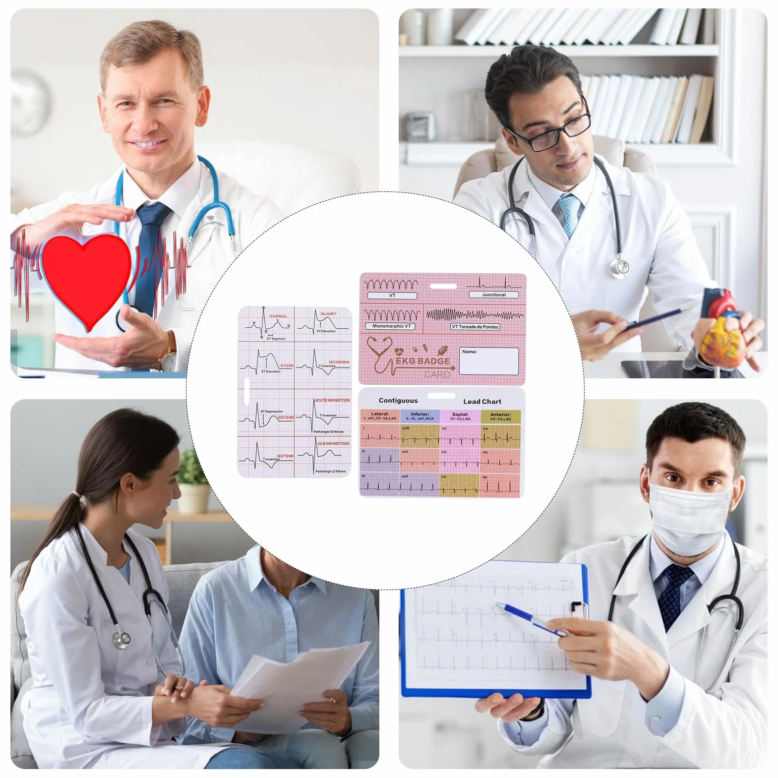 Riferimento badge ECG - Flashcard infermieristica, tre pezzi ECG, guida al ritmo cardiaco, tabella di informazioni rapide cliniche, strumento di valore del laboratorio medico | Scheda di