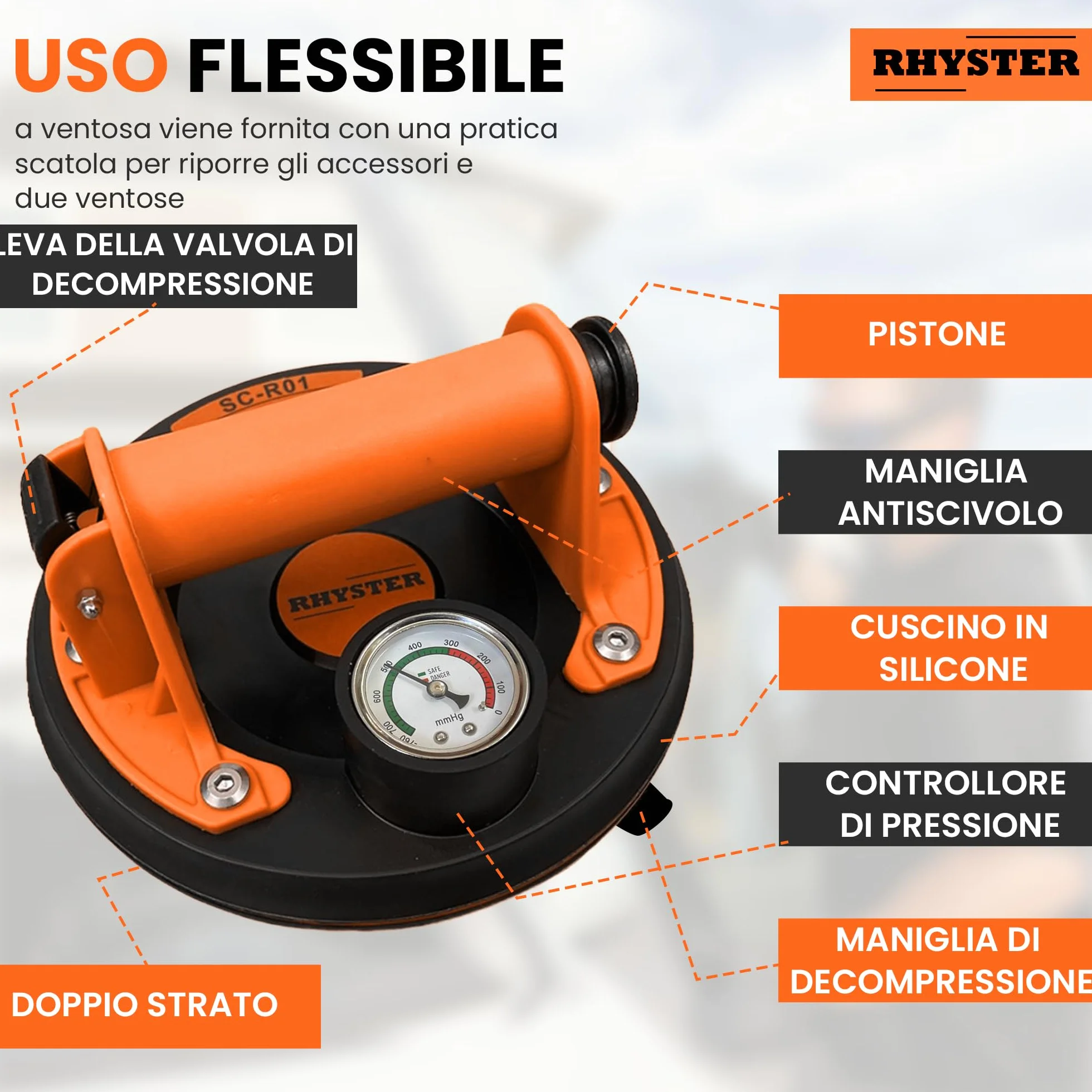 2 Ventose per Piastrelle con Manometro e Indicatore di Sicurezza, Diametro 200 mm, Supporto Fino a 320 kg, Ideale per Piastrelle, Vetri, Parabrezza, Mobili, Kit di Ricambio per Valvole