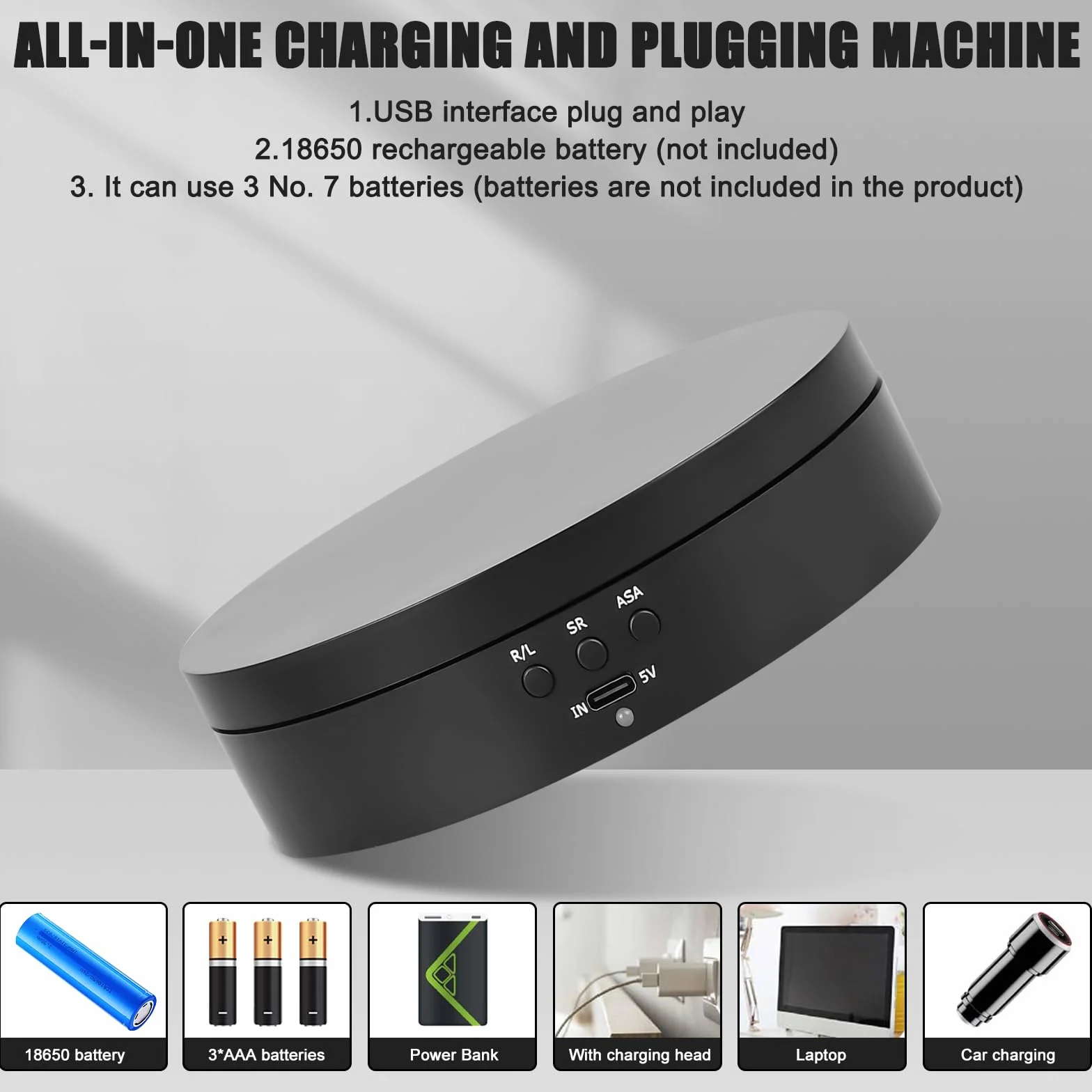 Elettrico: supporto per display girevole da 13,8 cm per fotografia, piattaforma di rotazione automatica a 360°, 3 velocità, ricarica USB