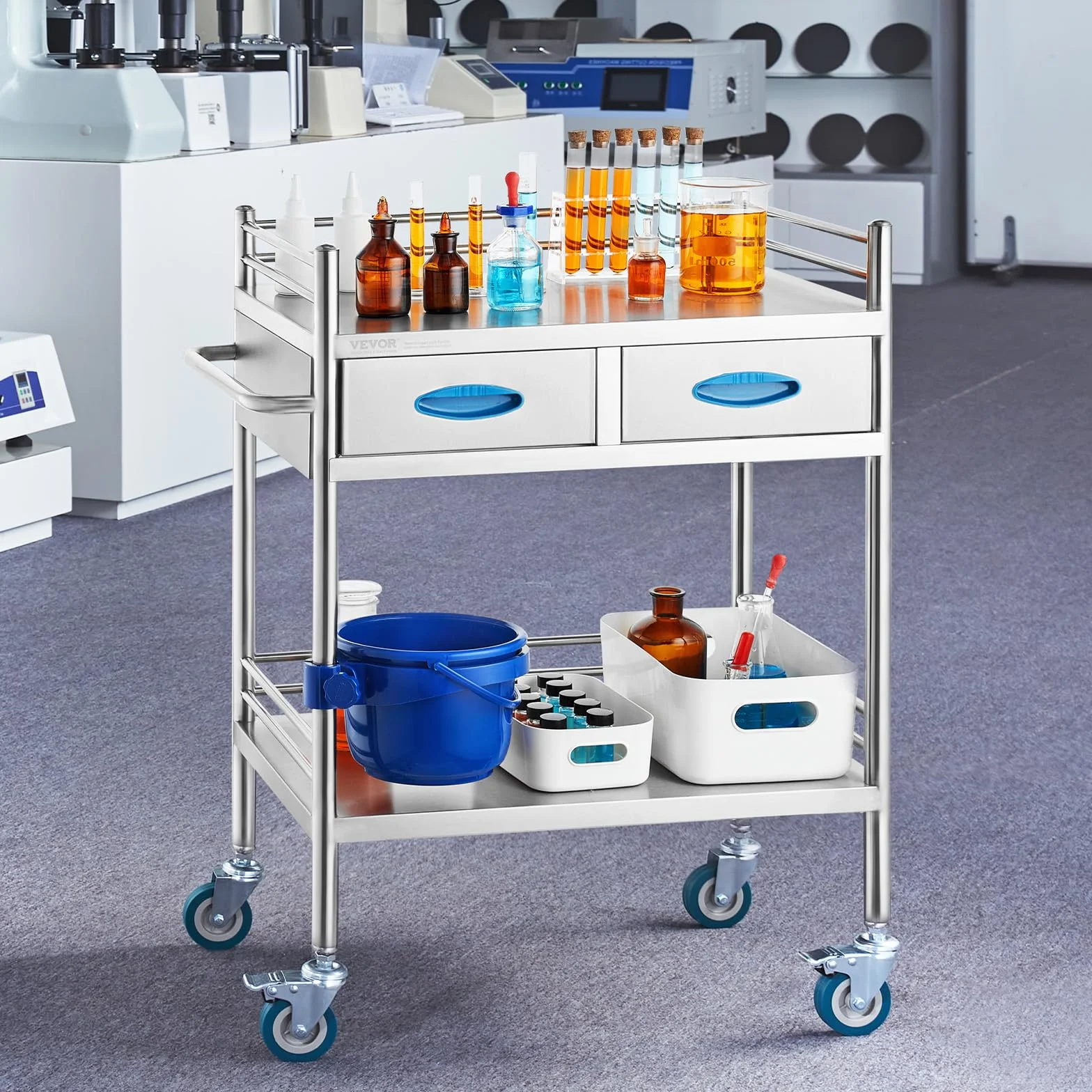 VEVOR Carrello da laboratorio in acciaio inox a 2 strati, Carrello medico con ruote bloccabili
