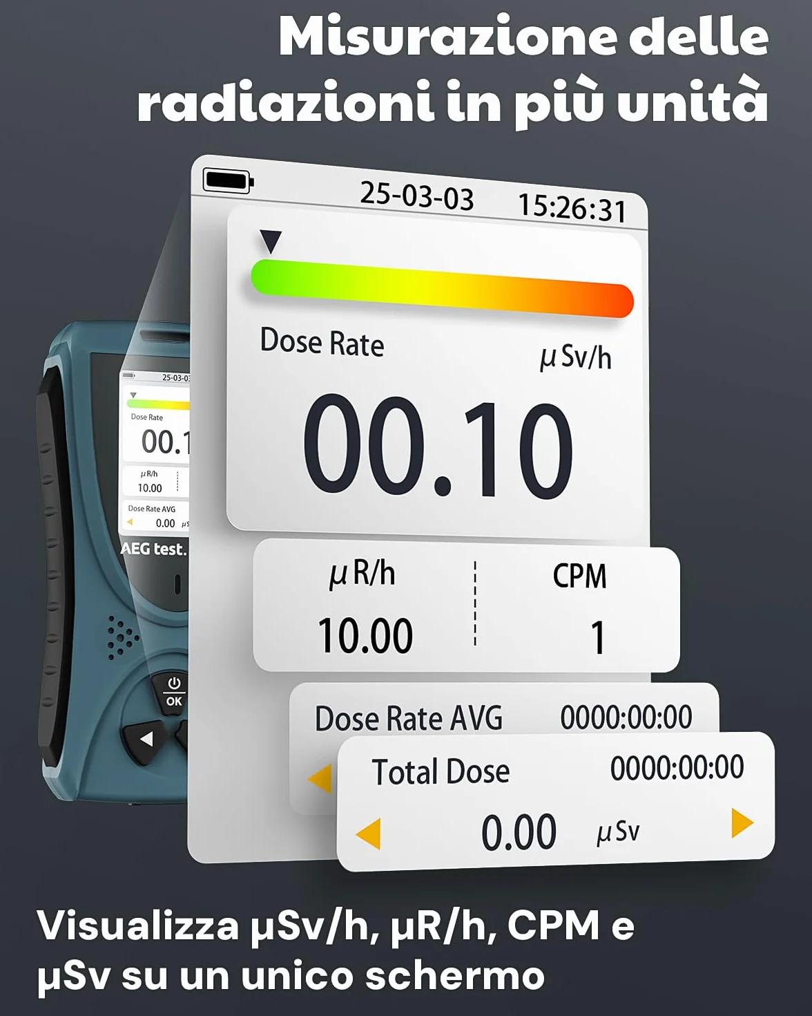AEGTEST Contatore Geiger Radar-5633 Rilevatore Radiazioni Nucleari Schermo LCD Dosimetro Ricaricabile Beta Gamma X CPM μSv/h